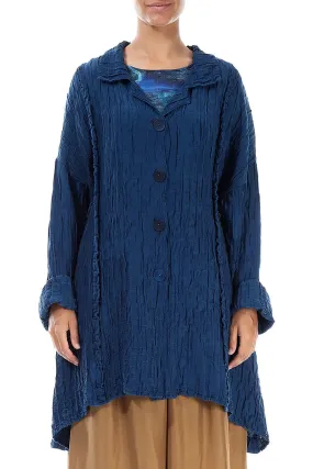 Longer Back Crinkled Royal Blue Silk Linen Jacket Stand Up Collar Mesh Ventilation Panels