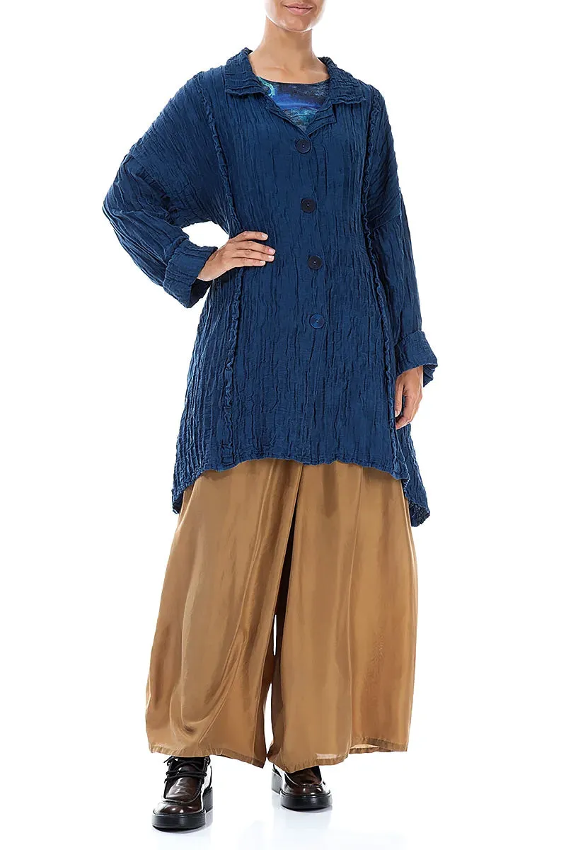 Classic Ribbed Cuffs Transitional City Fit Longer Back Crinkled Royal Blue Silk Linen Jacket