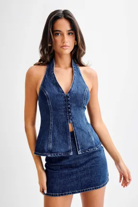 India Button Front Halter Denim Longline Top - Dark Blue AntiPillingSurface AllDay Comfort Tech