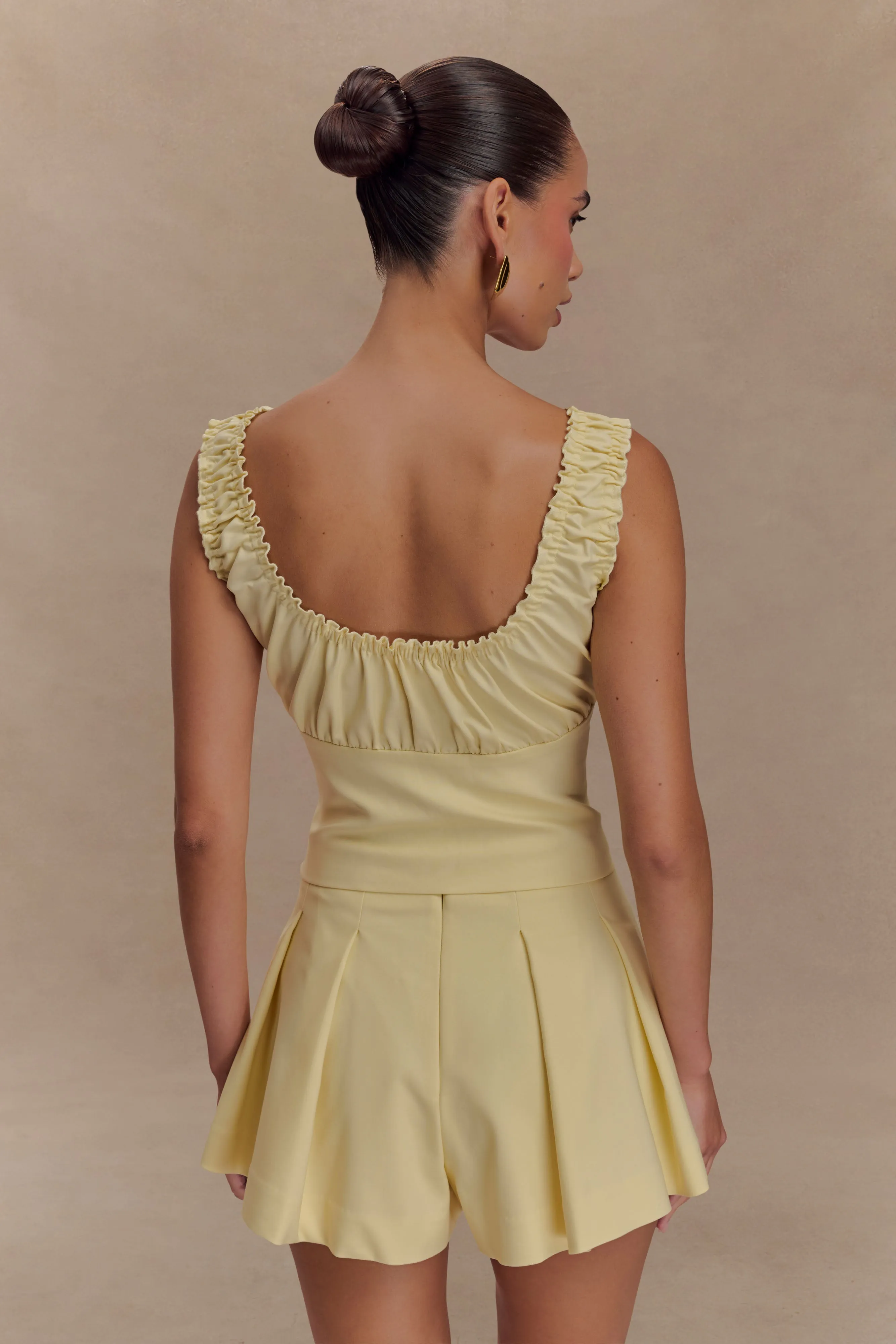 Adjustable Shoulder Straps Non Iron Fabric Ines Sleeveless Ruched Top - Lemon