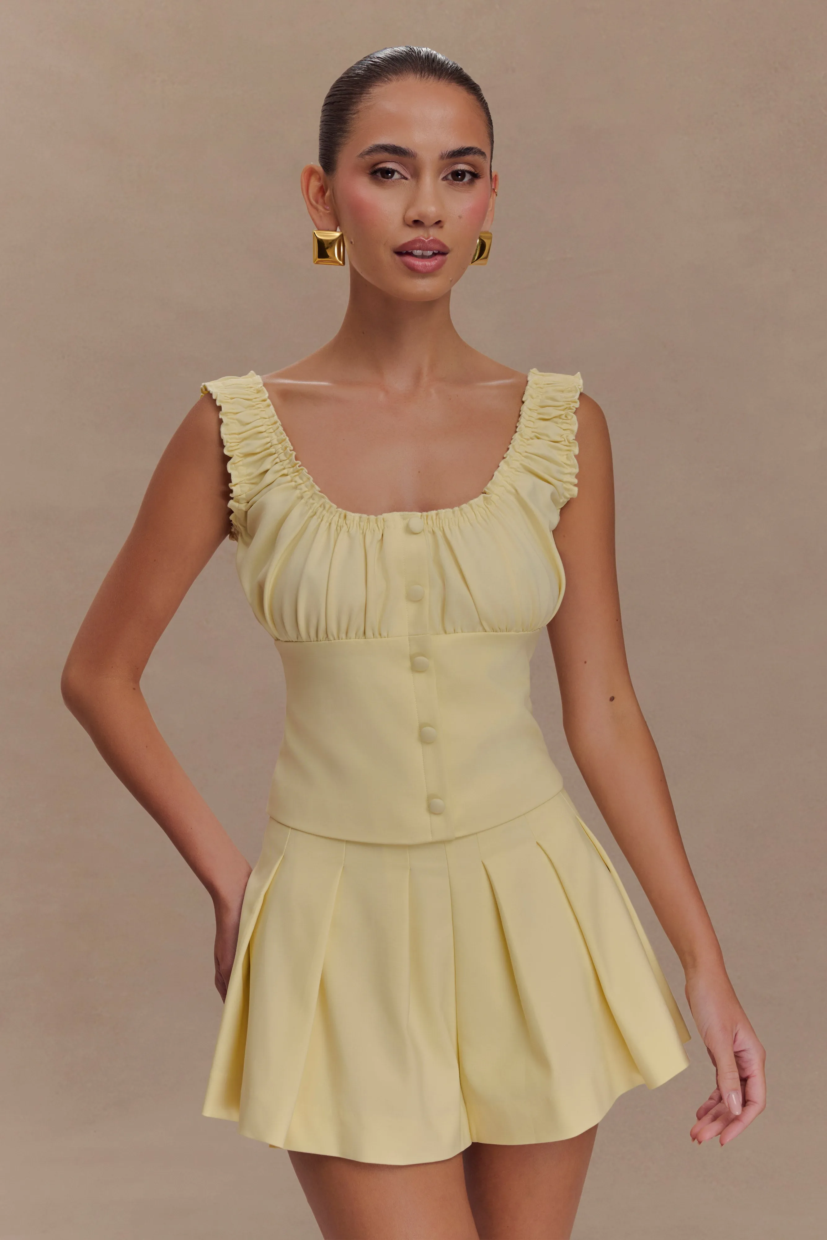 TearResistant Lightweight Weave Ines Sleeveless Ruched Top - Lemon