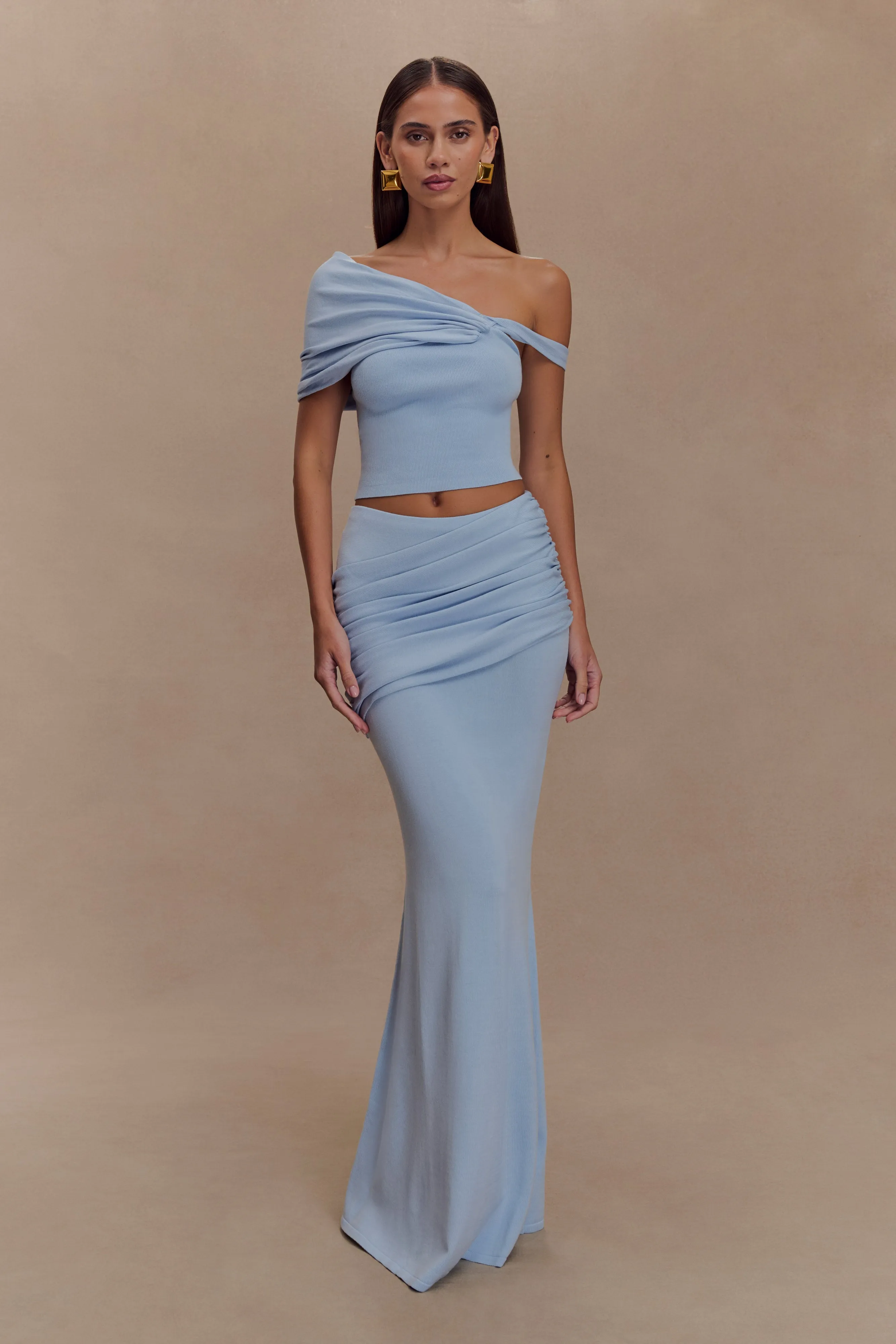 Irene Gathered Knit Maxi Skirt - Blue Basic Style