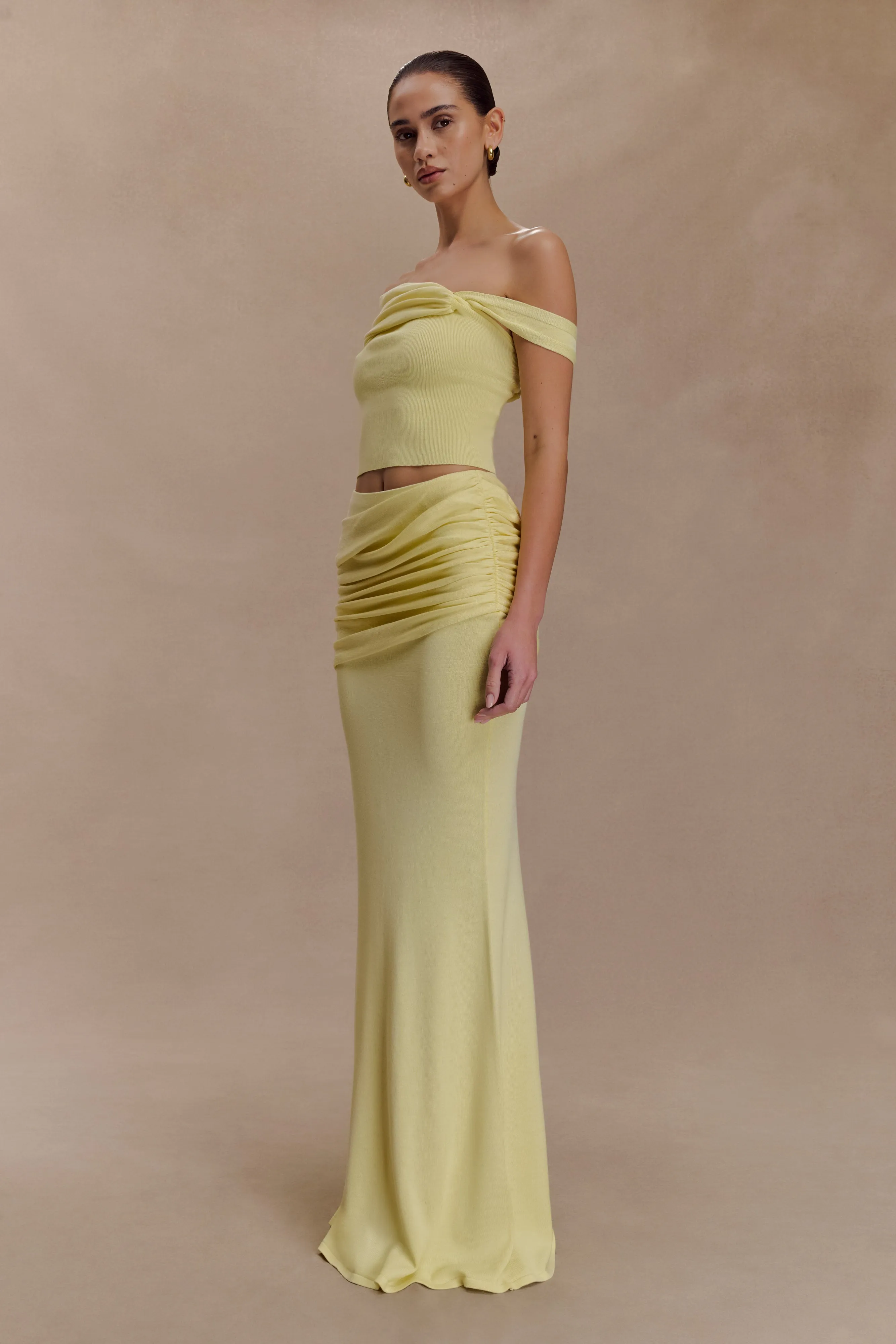 Irene Gathered Knit Maxi Skirt - Lemon Breathable Mesh Panels Flexible Knee Panels