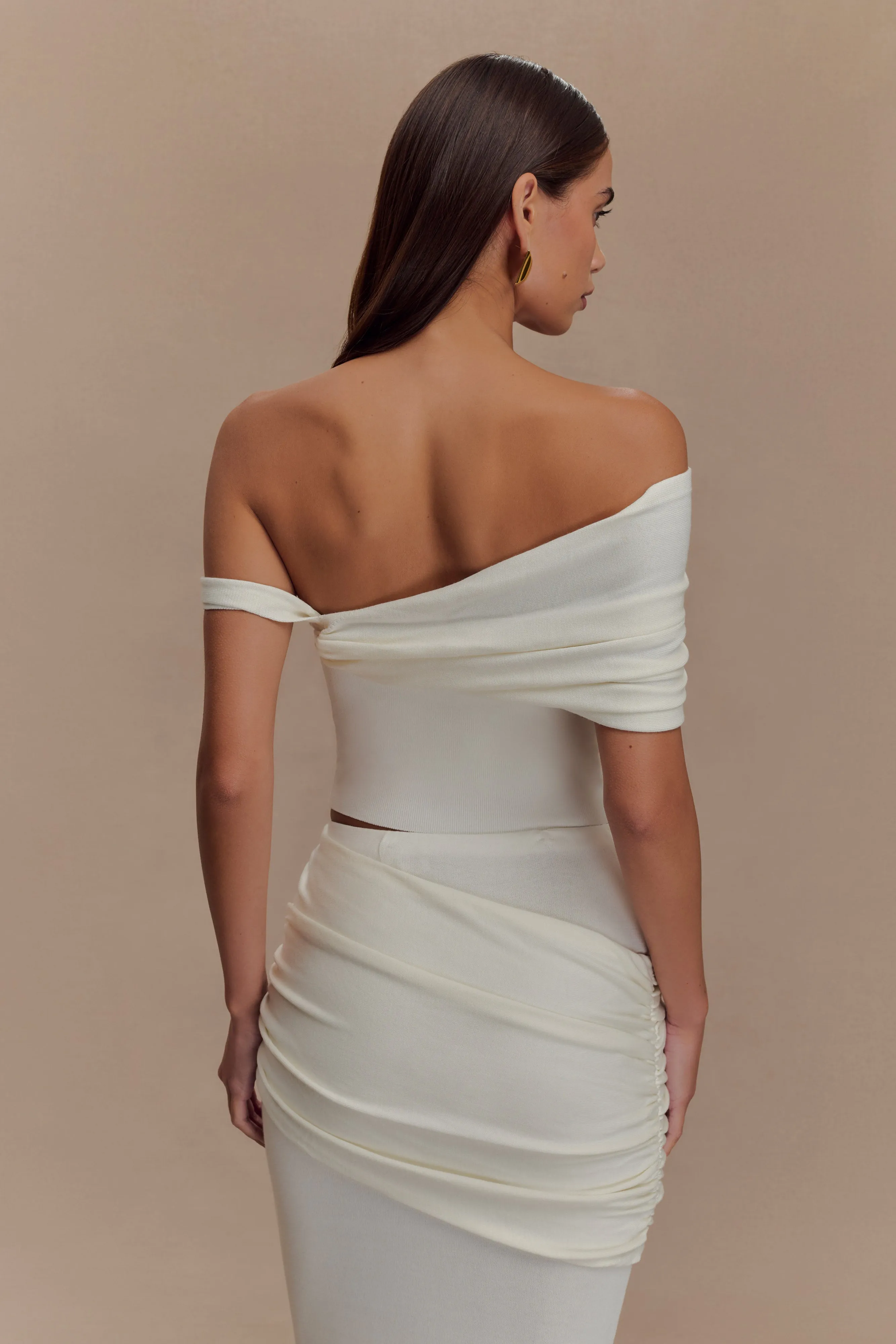 Compact Thermal Insulation Flexible Ribbed Cuffs Irene Gathered Knit Top - Ivory