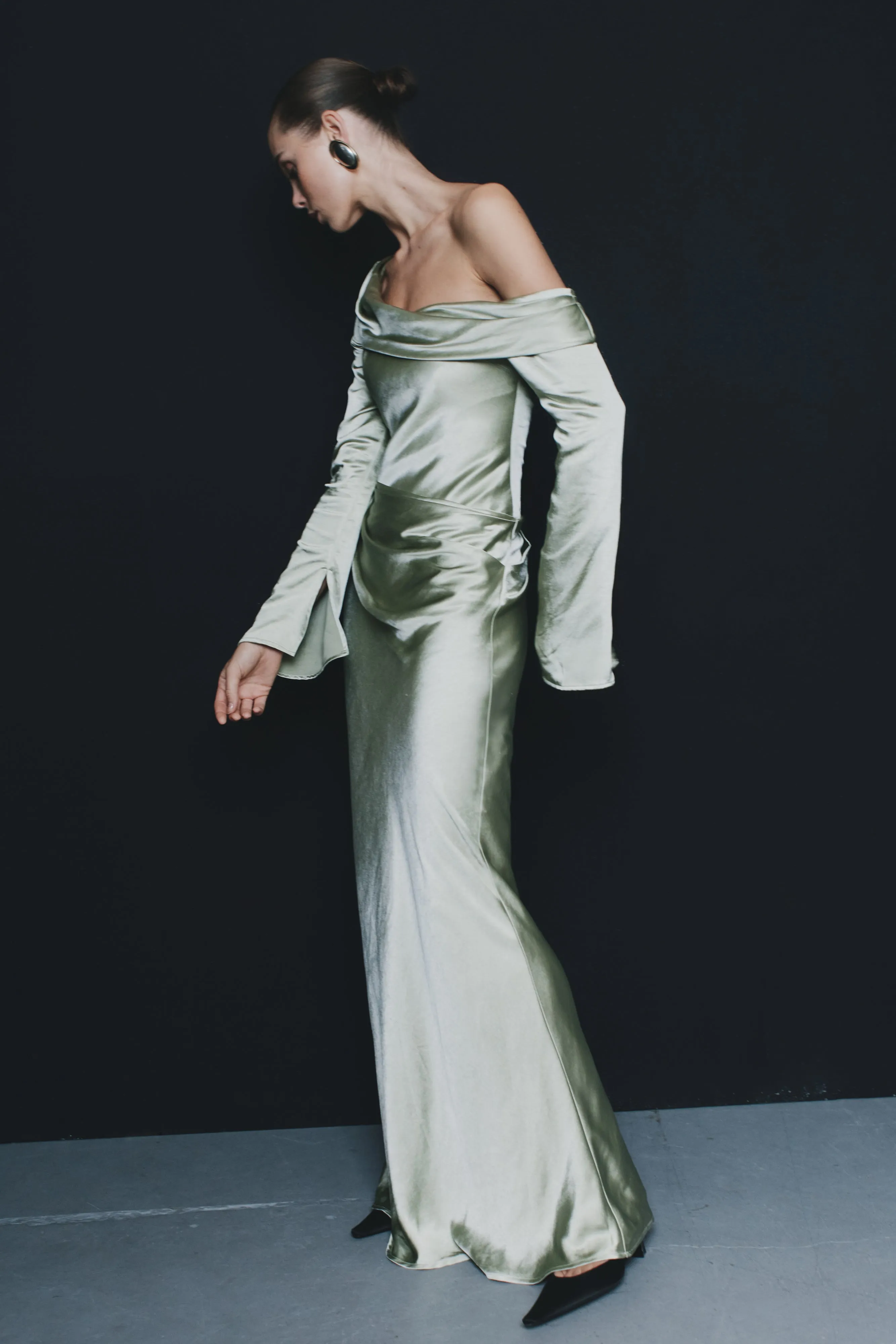 Iris Long Sleeve Satin Maxi Dress - Sage Chilly Day Layers