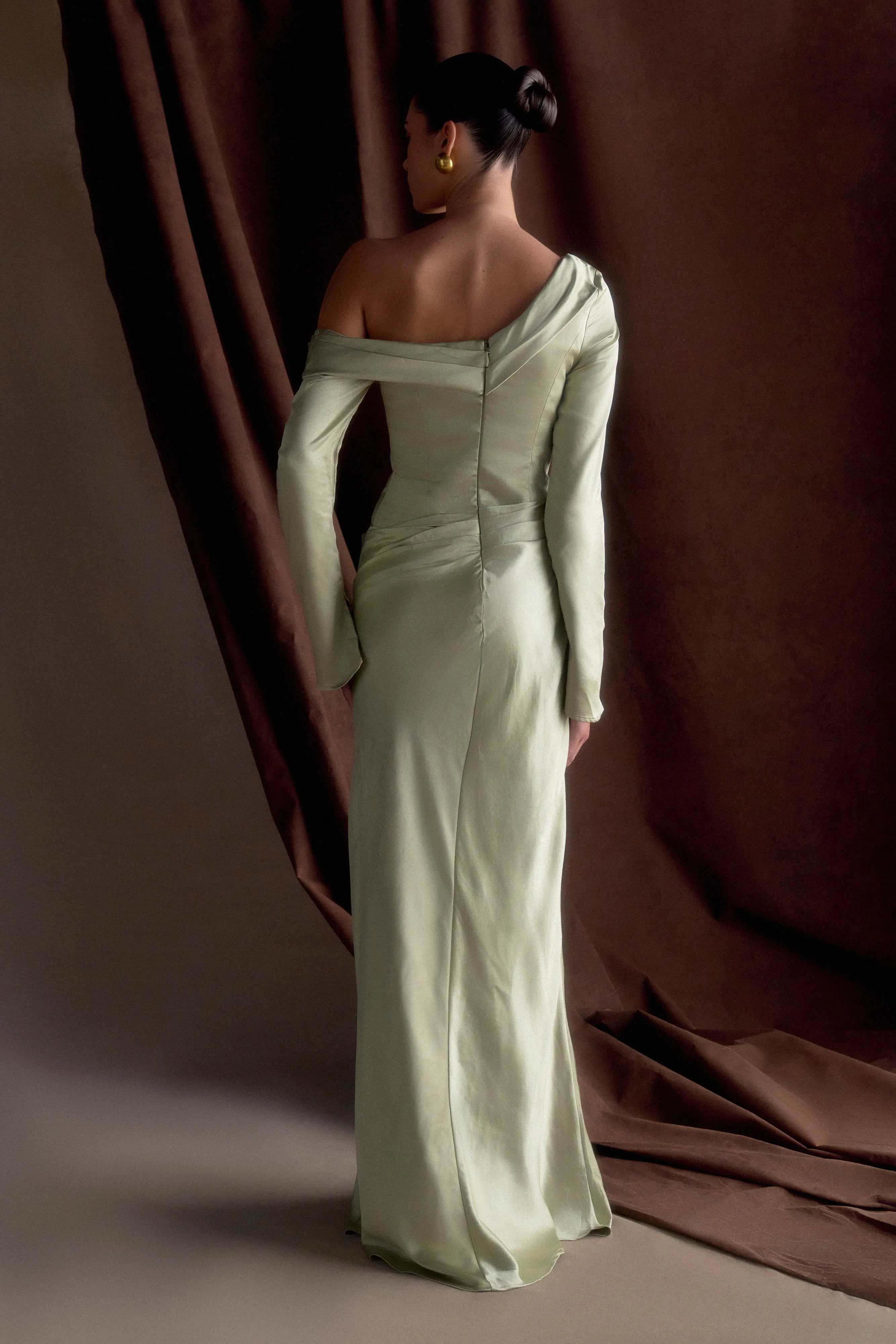 Comfort Layer Wear button detail Iris Long Sleeve Satin Maxi Dress - Sage