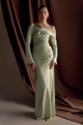 Edge Detail Iris Long Sleeve Satin Maxi Dress - Sage
