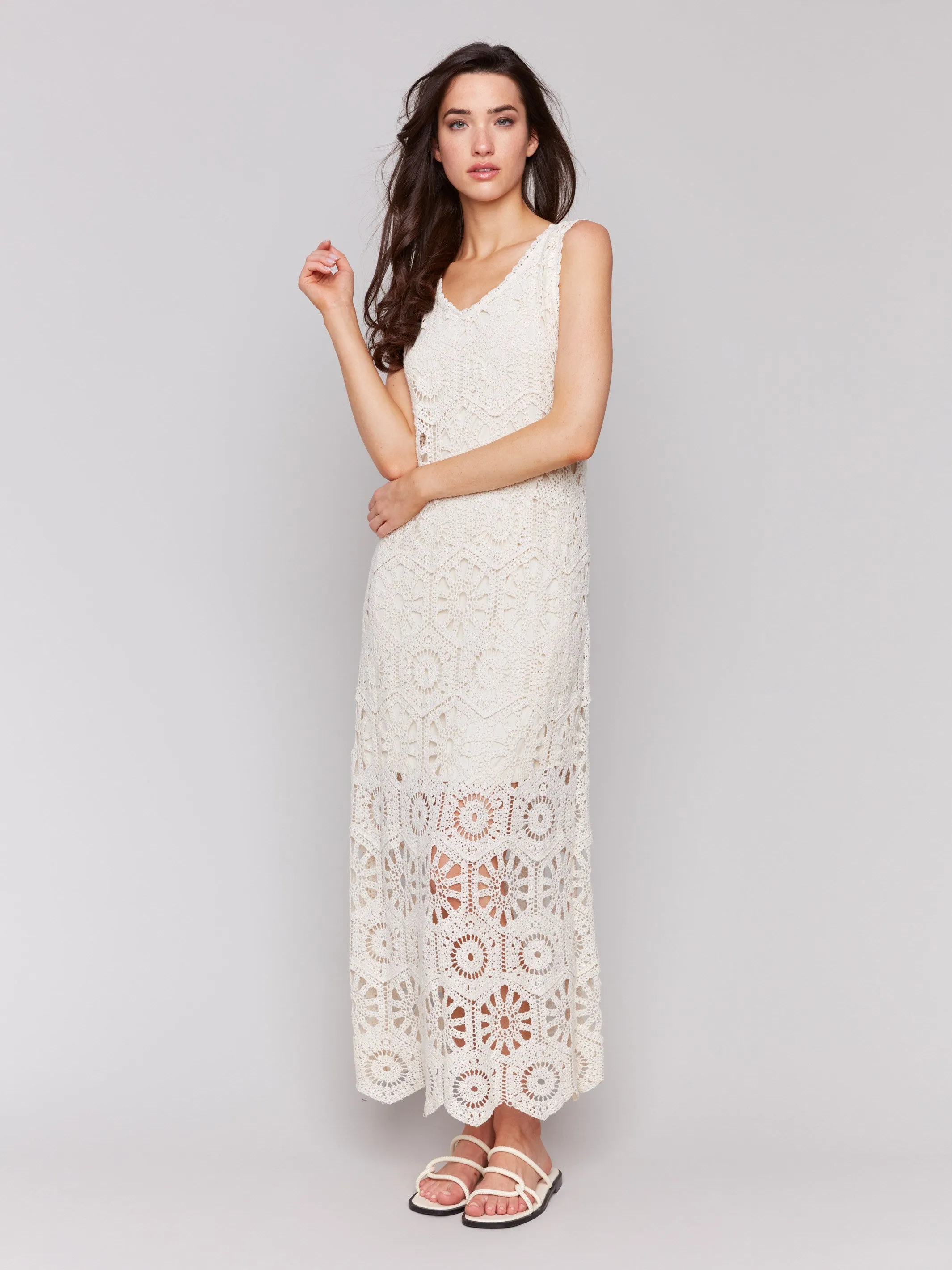 Drape Wave Flowy Layers Cotton Crochet Sleeveless Maxi Dress - Natural