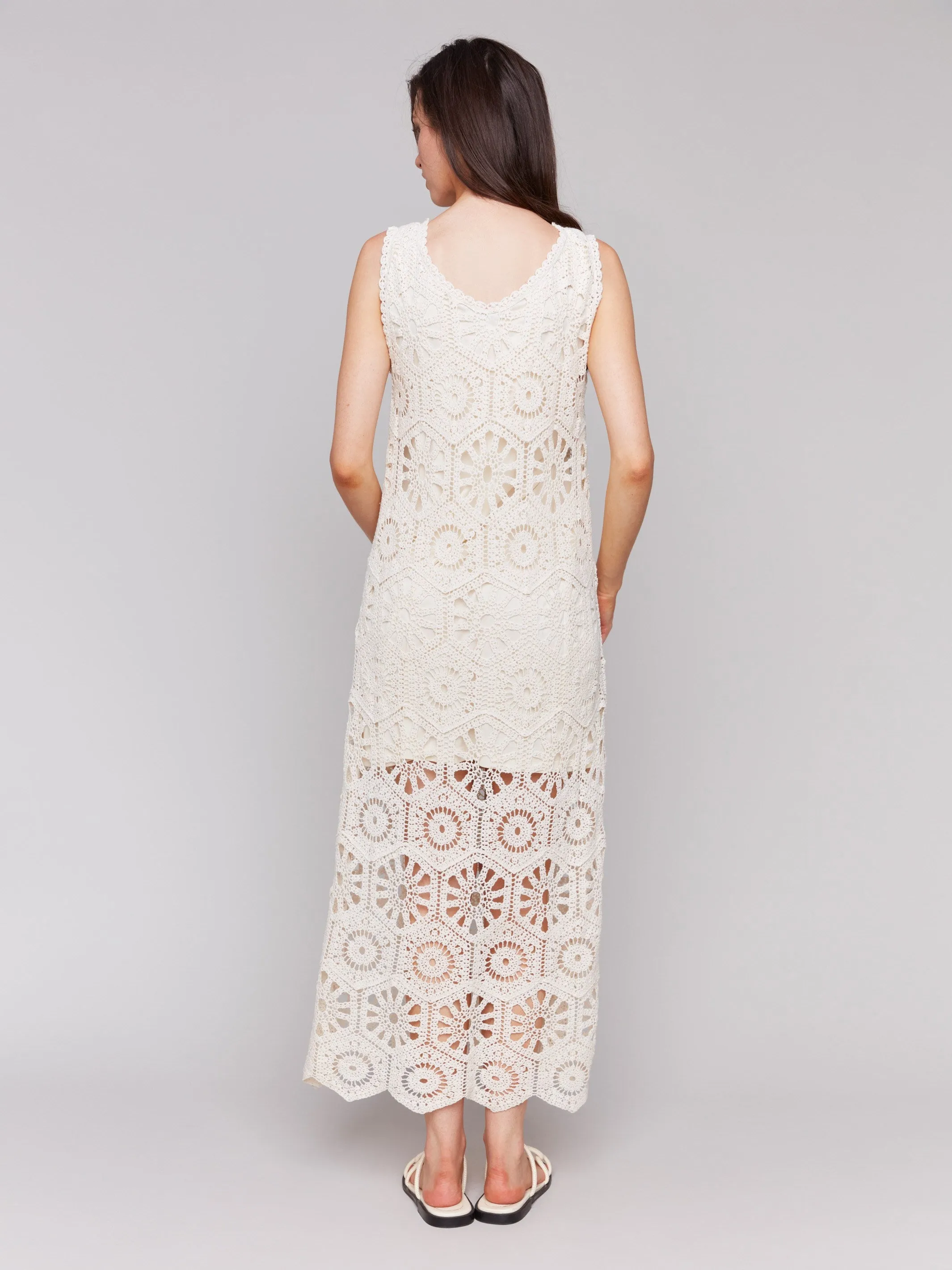 Cotton Crochet Sleeveless Maxi Dress - Natural Printed-Lining