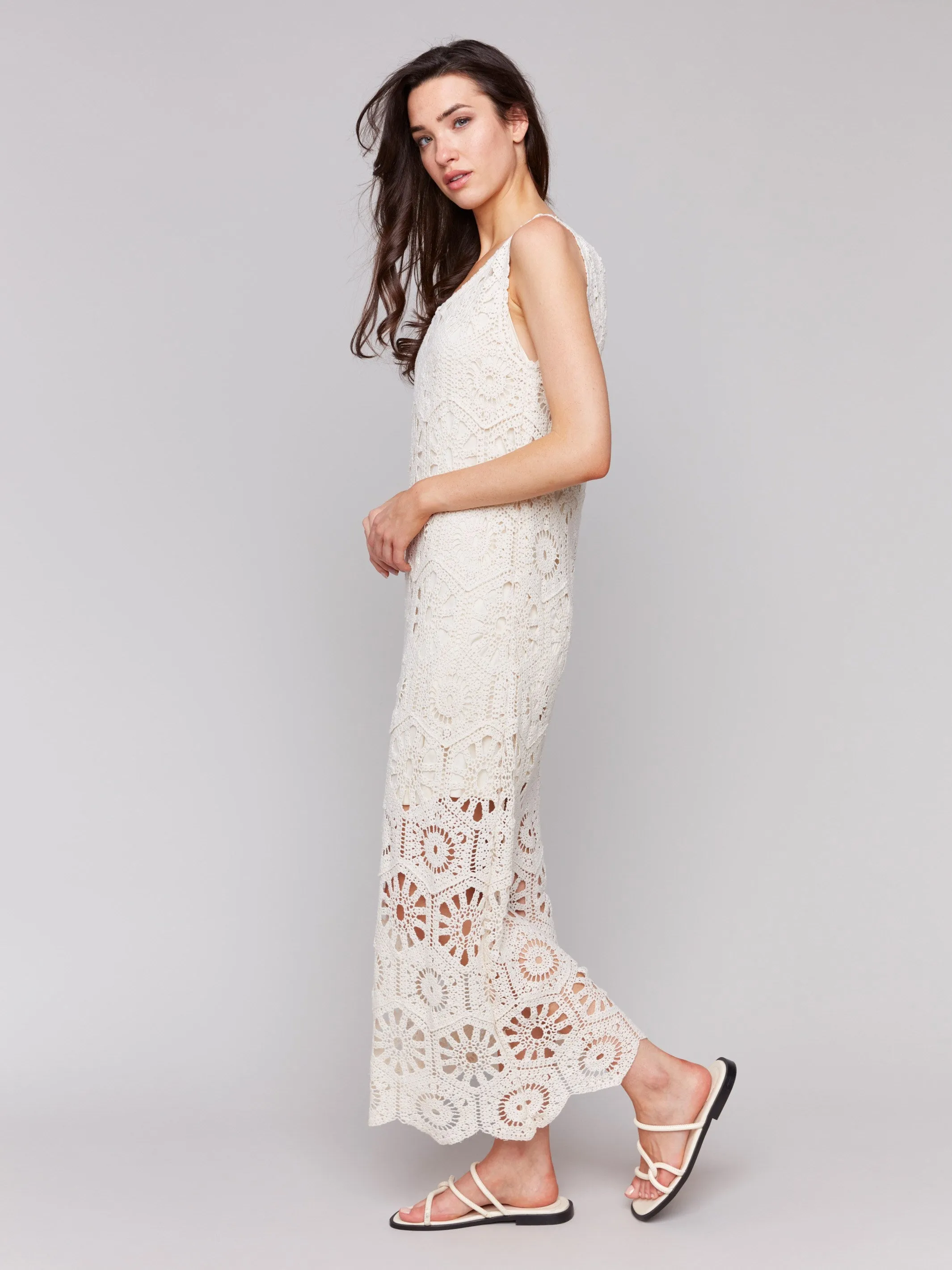 Cotton Crochet Sleeveless Maxi Dress - Natural Cozy Silhouette Olive Fresh