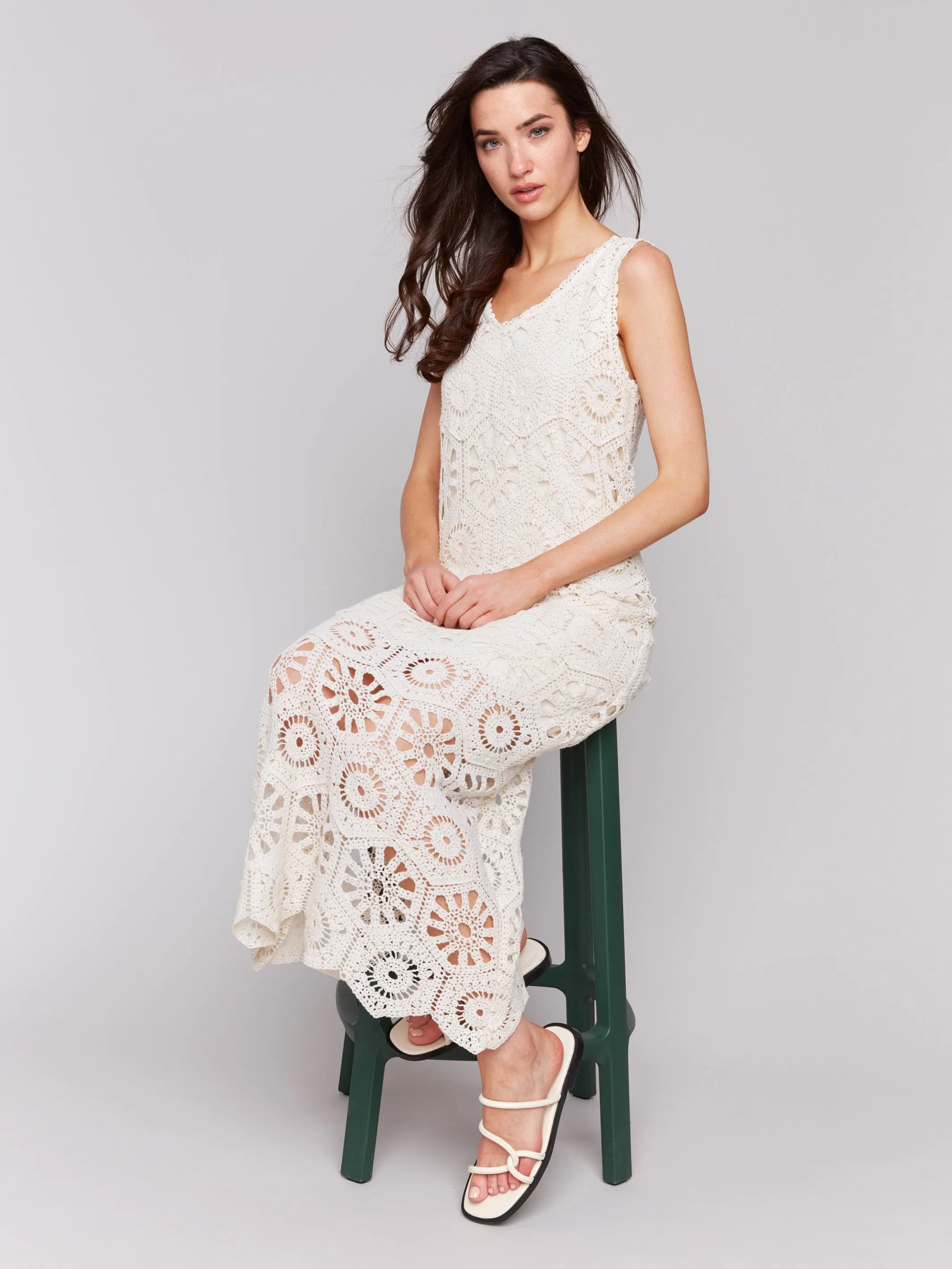 Flattering Layer Smooth Motion Cotton Crochet Sleeveless Maxi Dress - Natural