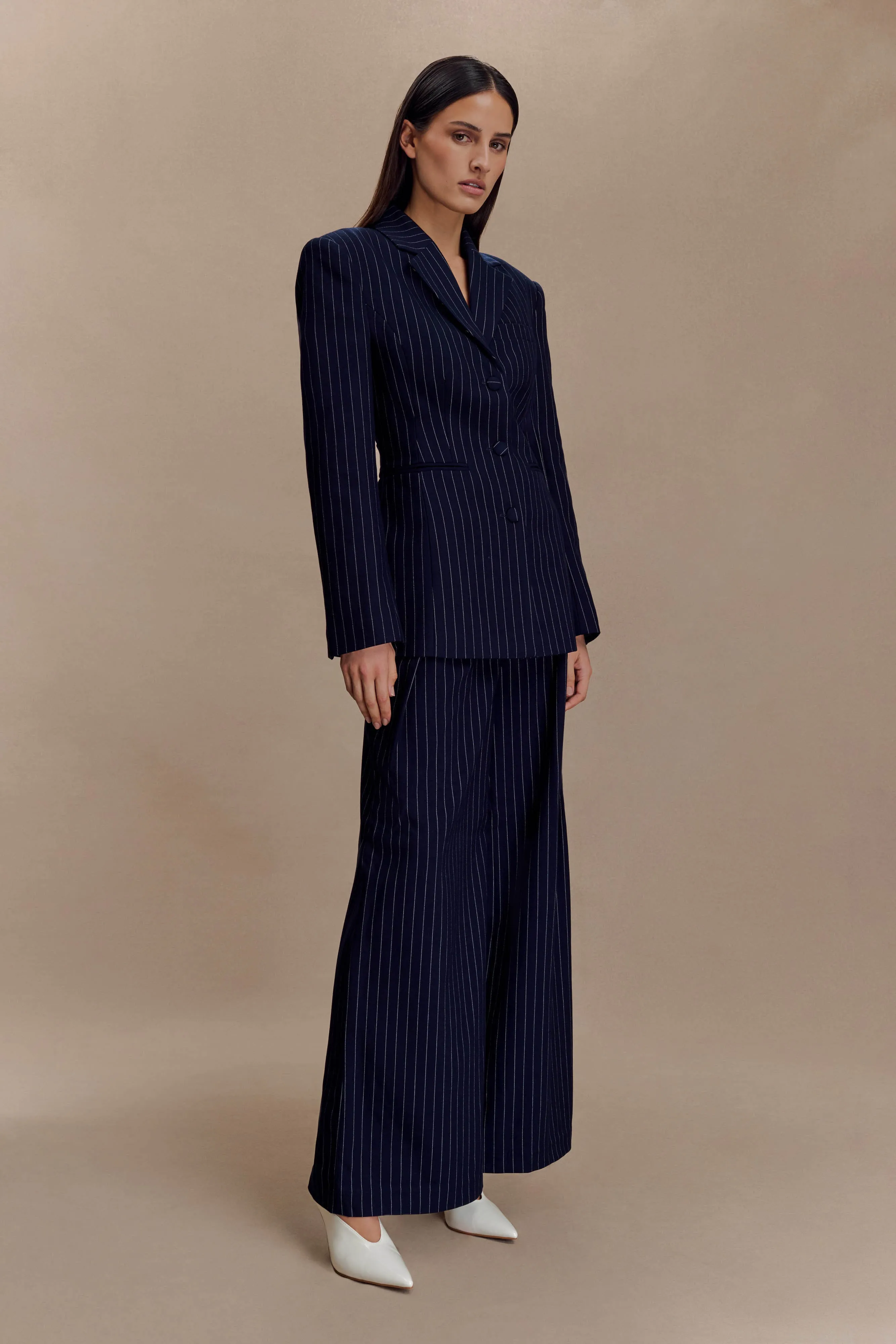 Loose Fit Fashionable Fit Jacqueline Pleated Wide Leg Pants - Navy Pinstripe
