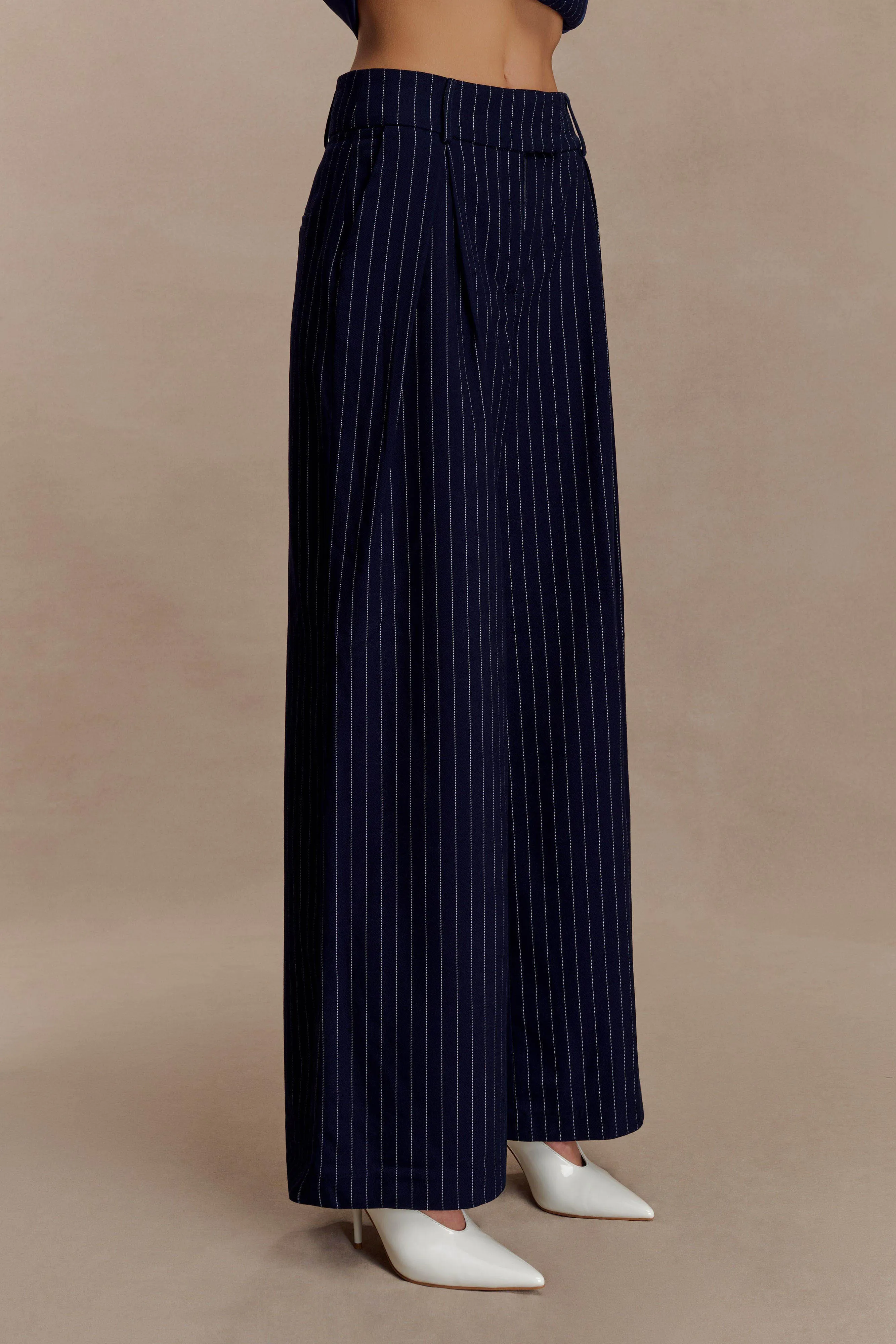 Perfect Comfort Soft Brush Lining Jacqueline Pleated Wide Leg Pants - Navy Pinstripe