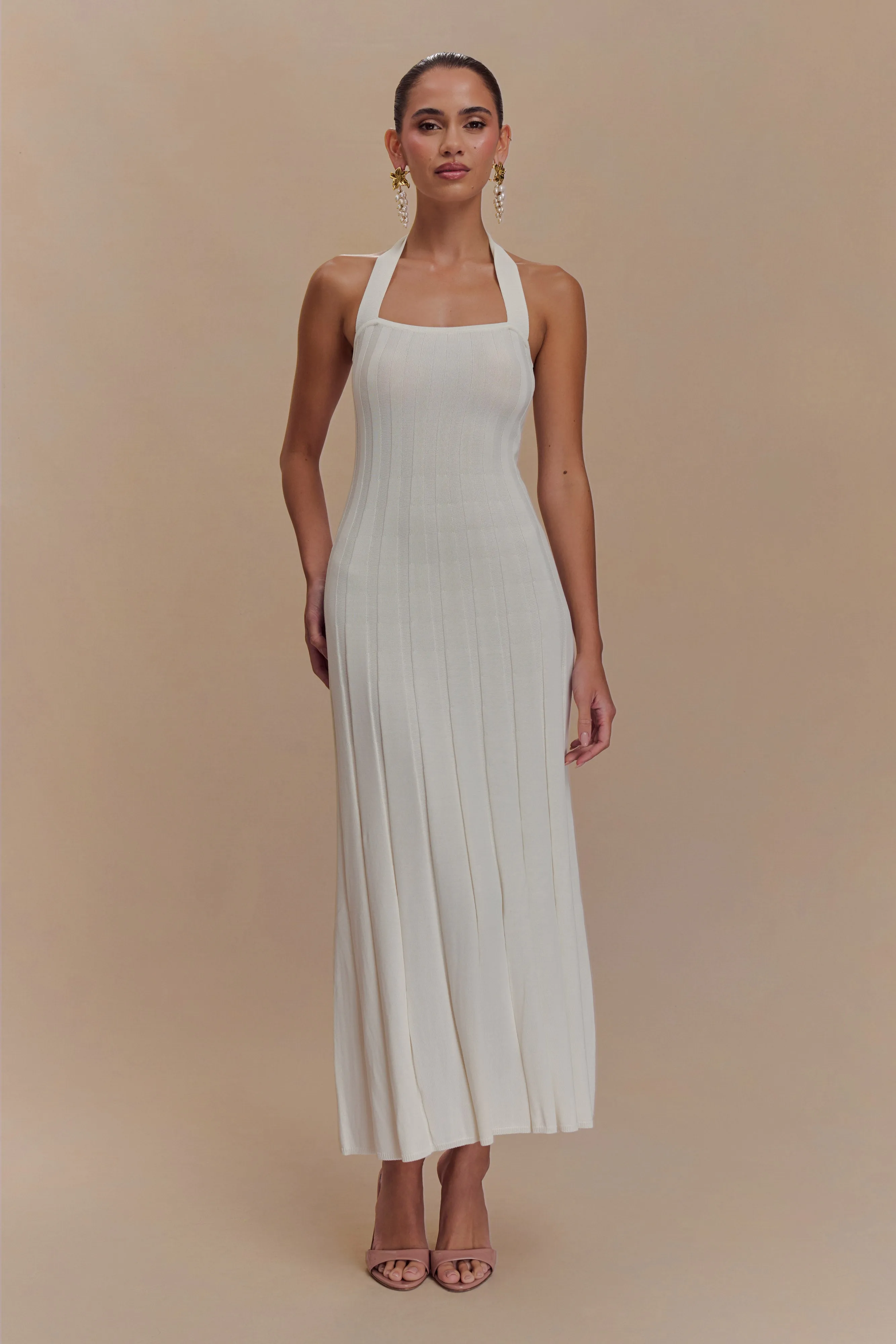 Modern Movement Elegant holiday wear Jacqui Halter Knit Midi Dress - Ivory