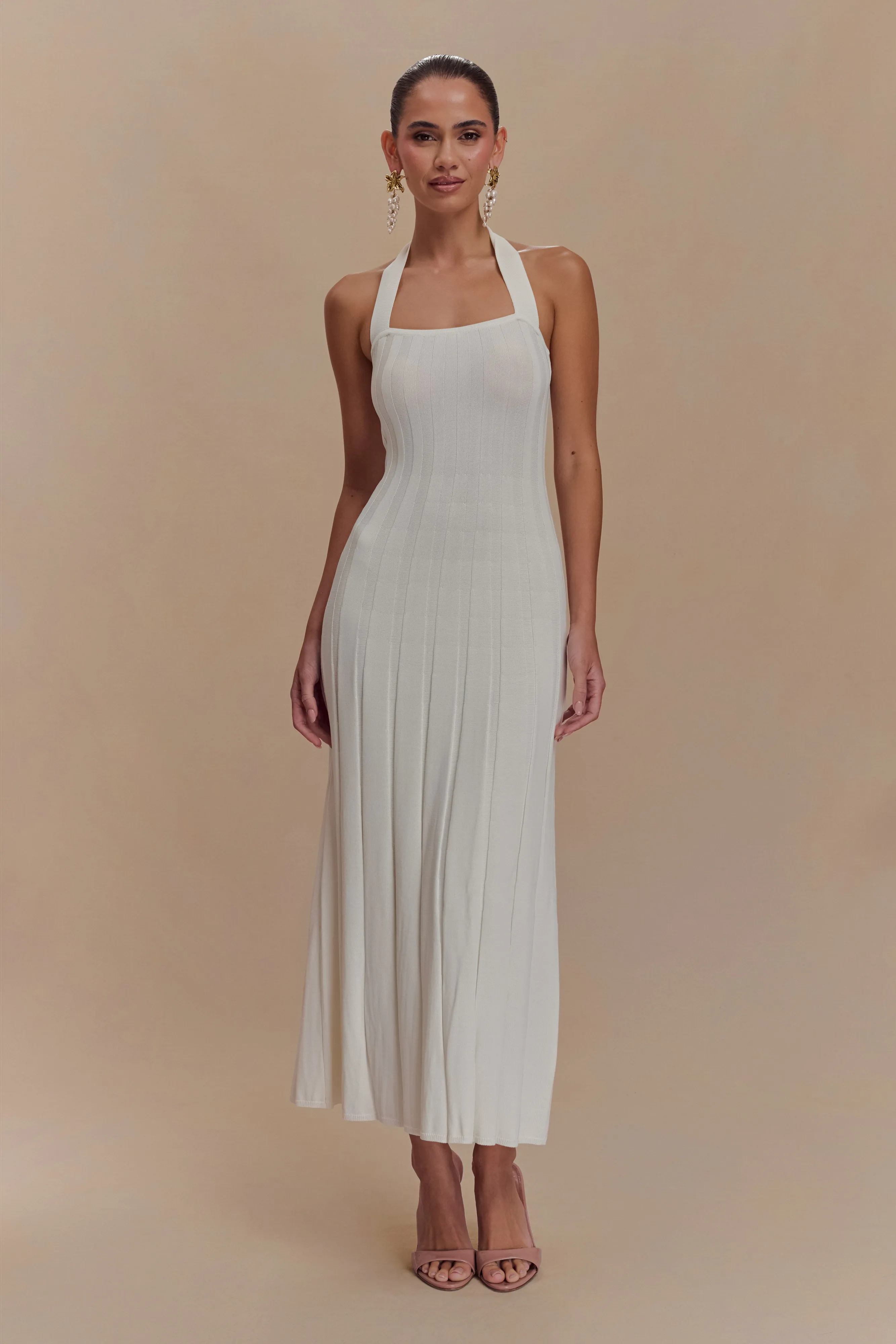 Easy and Effortless Gender Inclusive Jacqui Halter Knit Midi Dress - Ivory