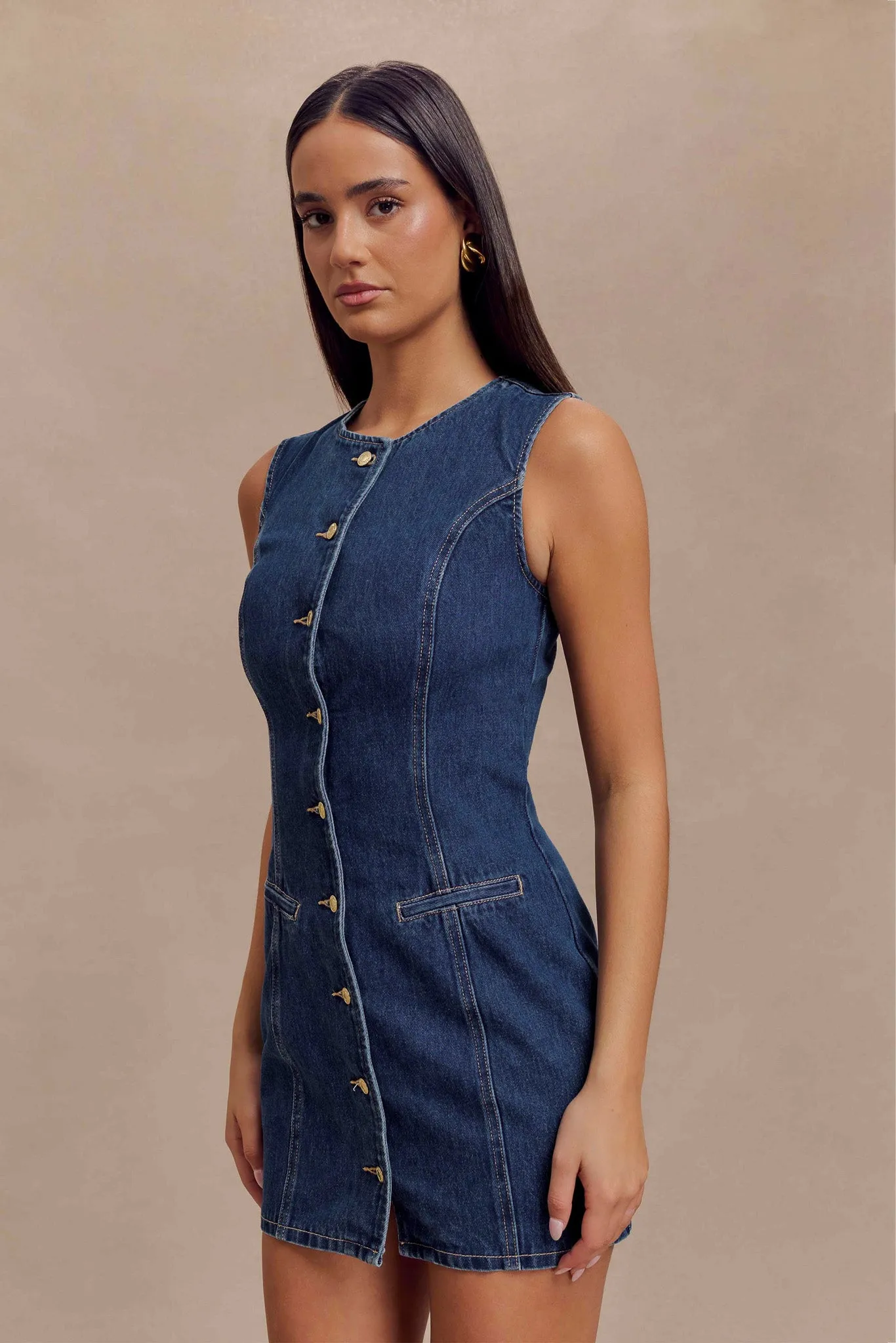 Jane Button Down Denim Mini Dress - Dark Blue Chic Spirit Lightweight-Layer