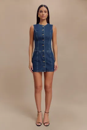 Jane Button Down Denim Mini Dress - Dark Blue FlatlockSeam Trendy Vibes