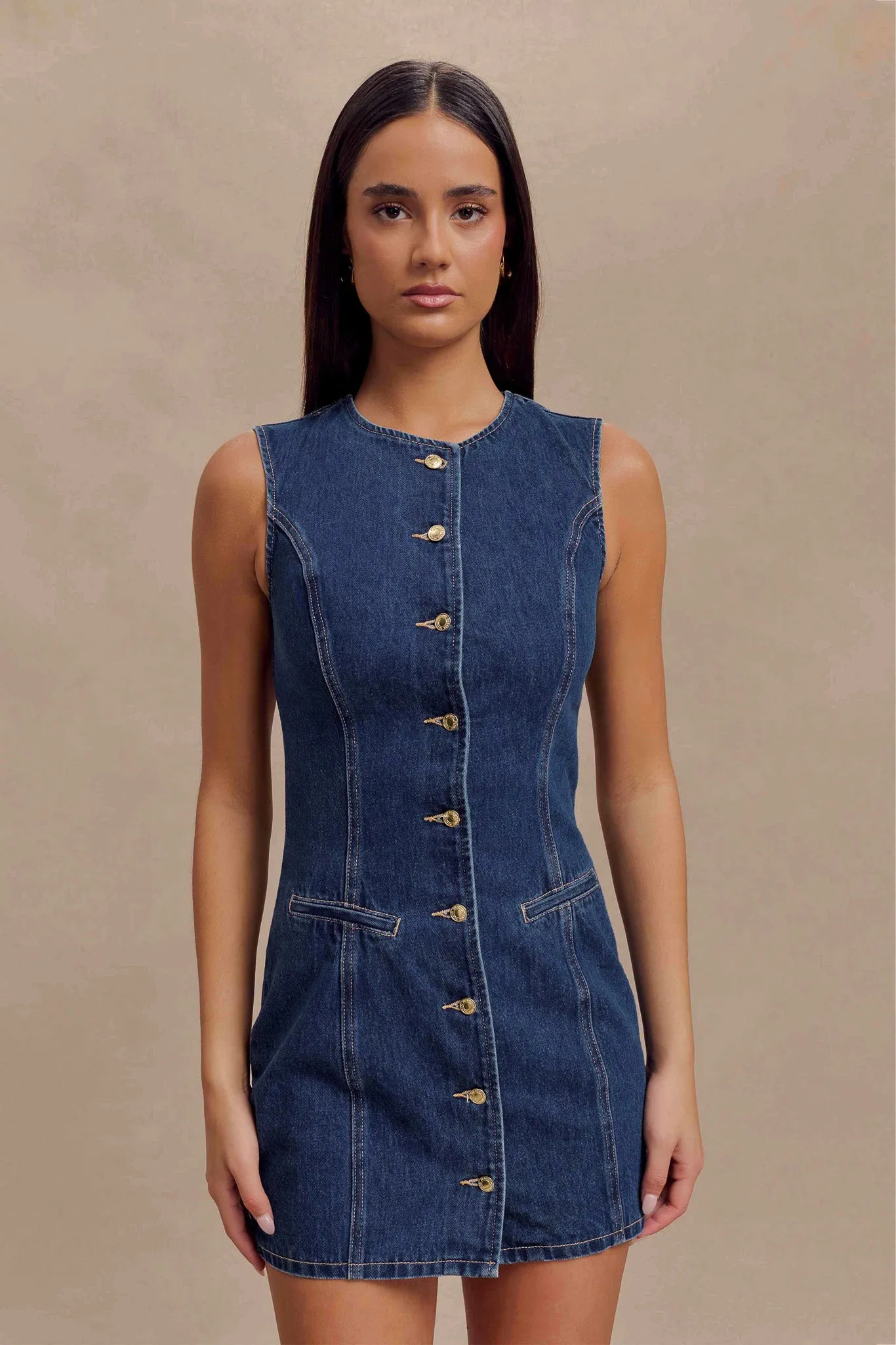 Jane Button Down Denim Mini Dress - Dark Blue Soft Neutral Shape Hug