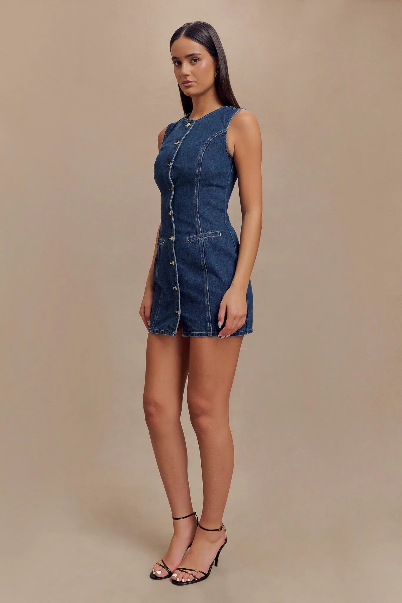 Jane Button Down Denim Mini Dress - Dark Blue Balanced Light