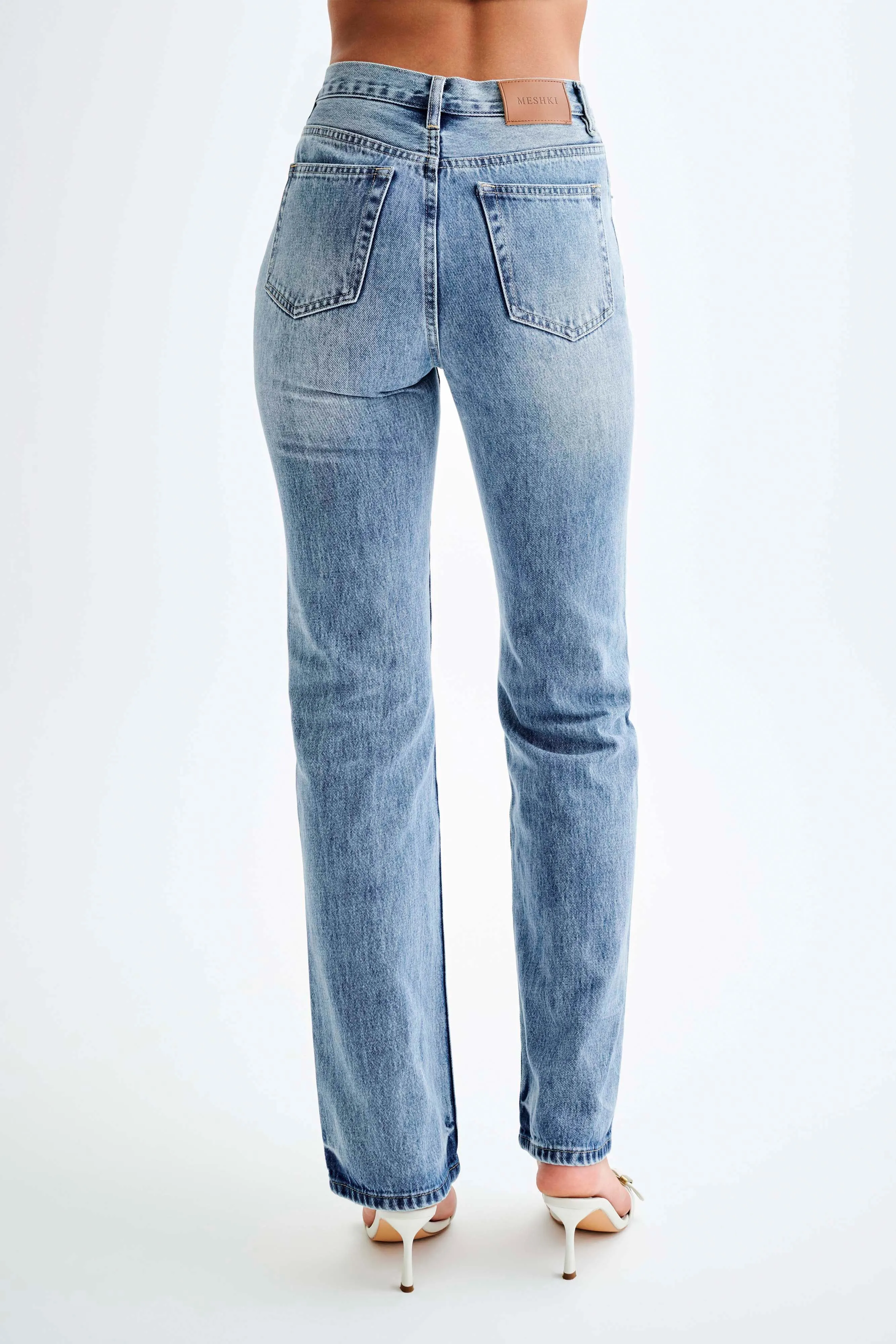 Janine High Waisted Straight Leg Jeans - Washed Mid Blue Basic Style Water resistant coating