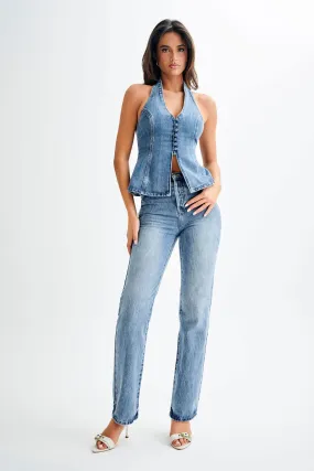Stain Release Finish Janine High Waisted Straight Leg Jeans - Washed Mid Blue