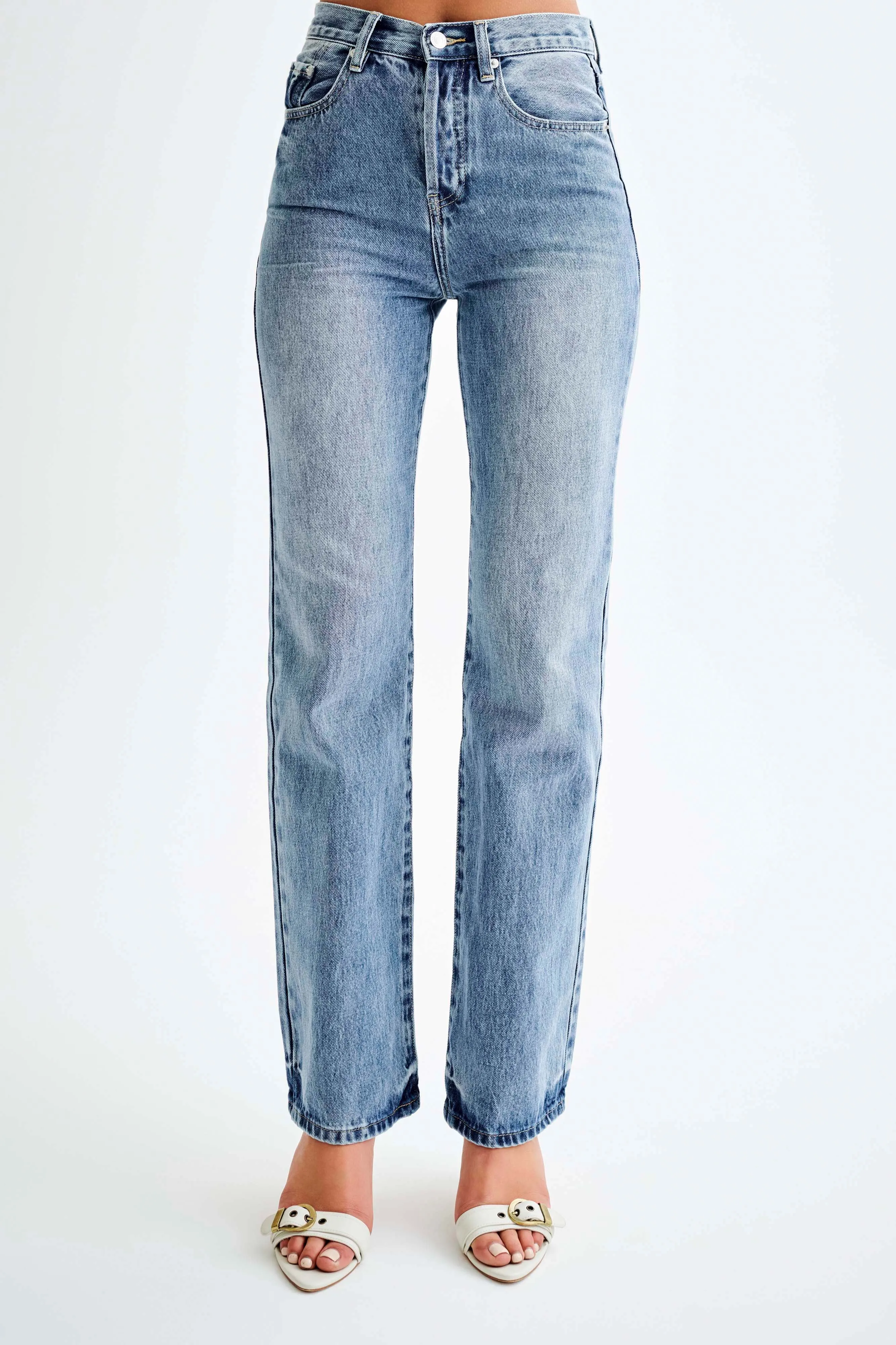 Janine High Waisted Straight Leg Jeans - Washed Mid Blue Commuter Ready