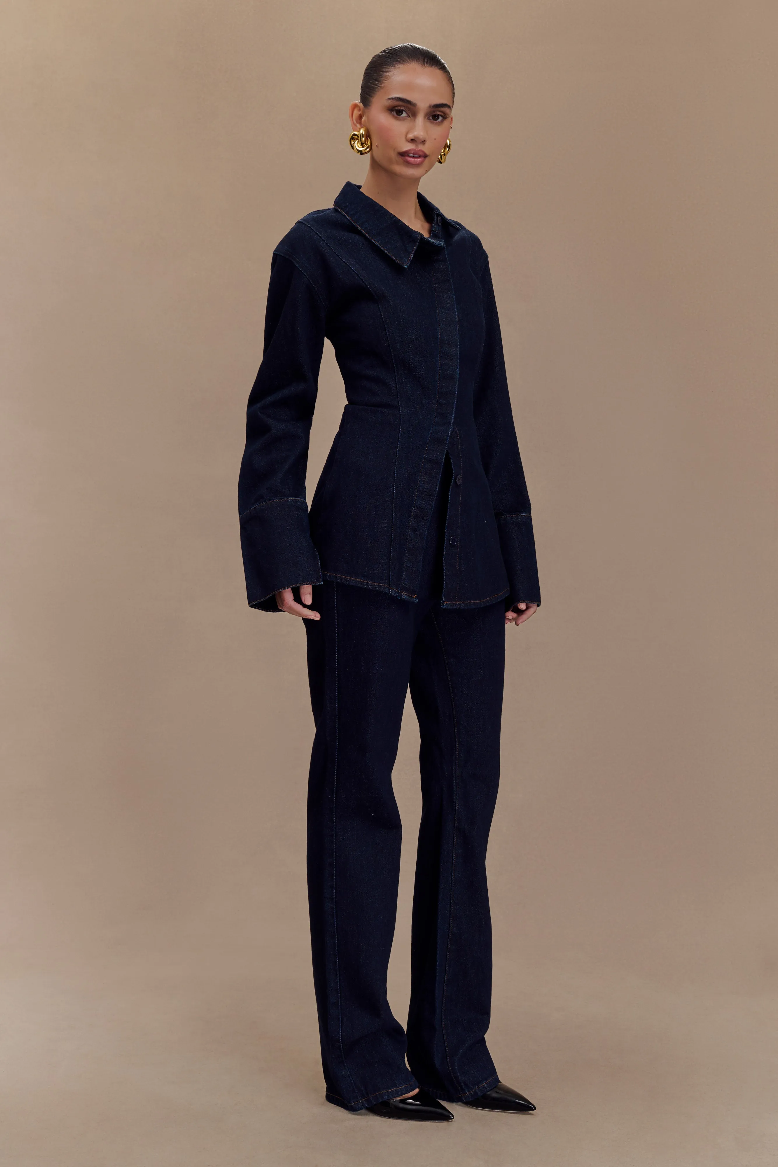 Warm Hoodie SoftLining Jericho Asymmetrical Denim Shirt - Indigo Blue