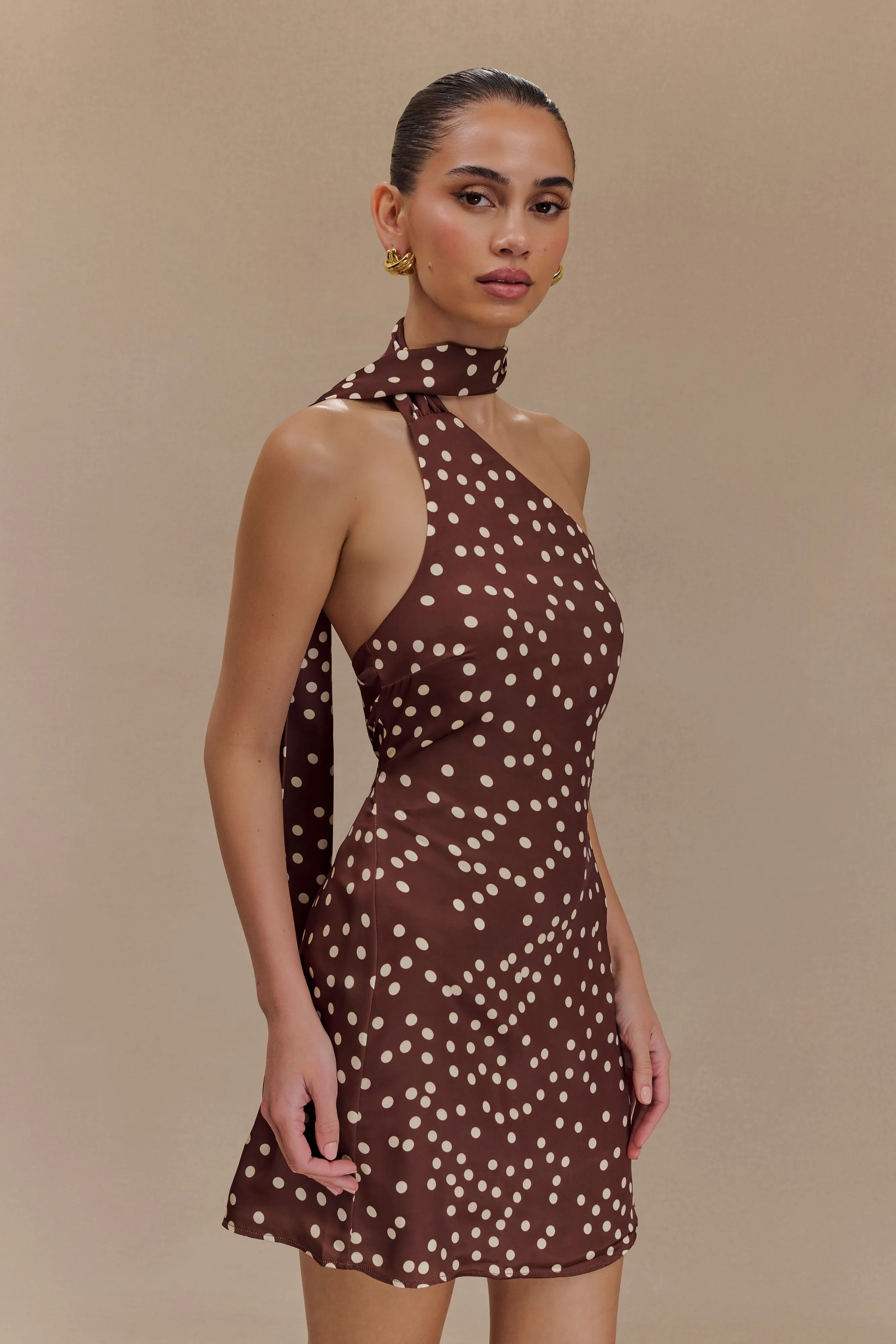 Satin-Edge Joan Satin Asymmetrical Mini Dress - Brown Polka Dot Print