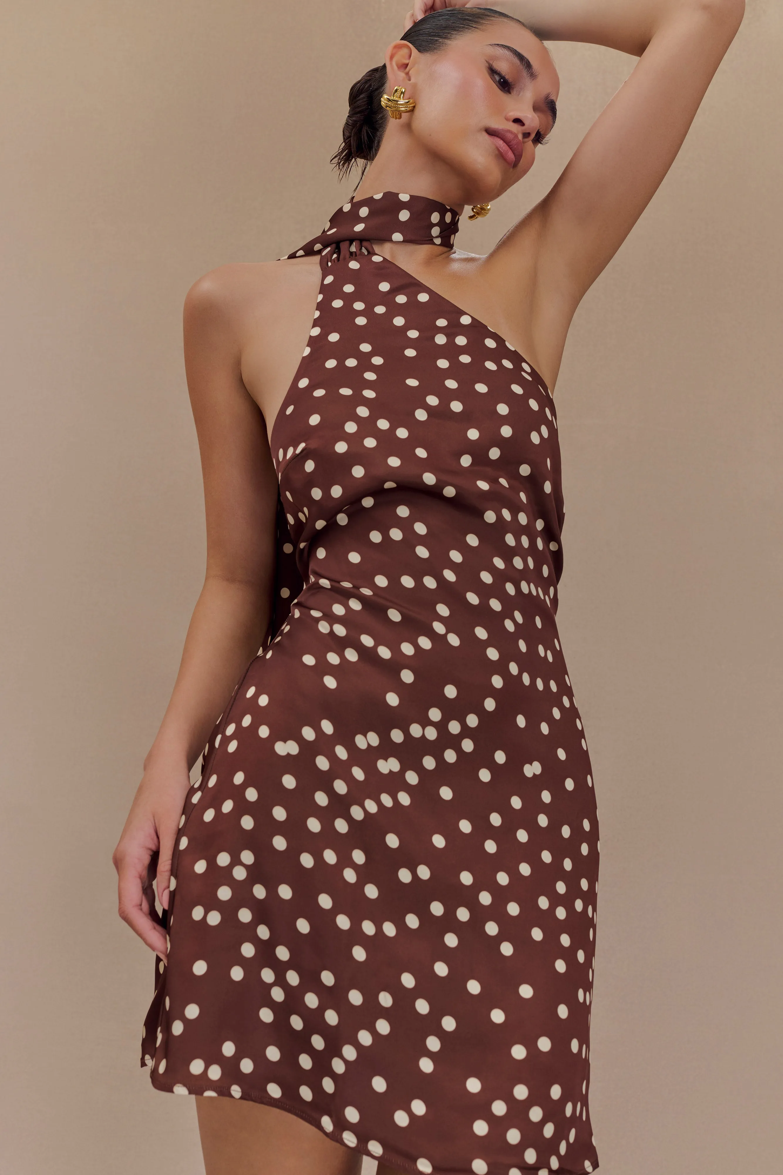 Joan Satin Asymmetrical Mini Dress - Brown Polka Dot Print Sophisticated Vibe Anti-Static-Finish