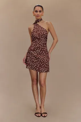 Joan Satin Asymmetrical Mini Dress - Brown Polka Dot Print Bold Simplicity