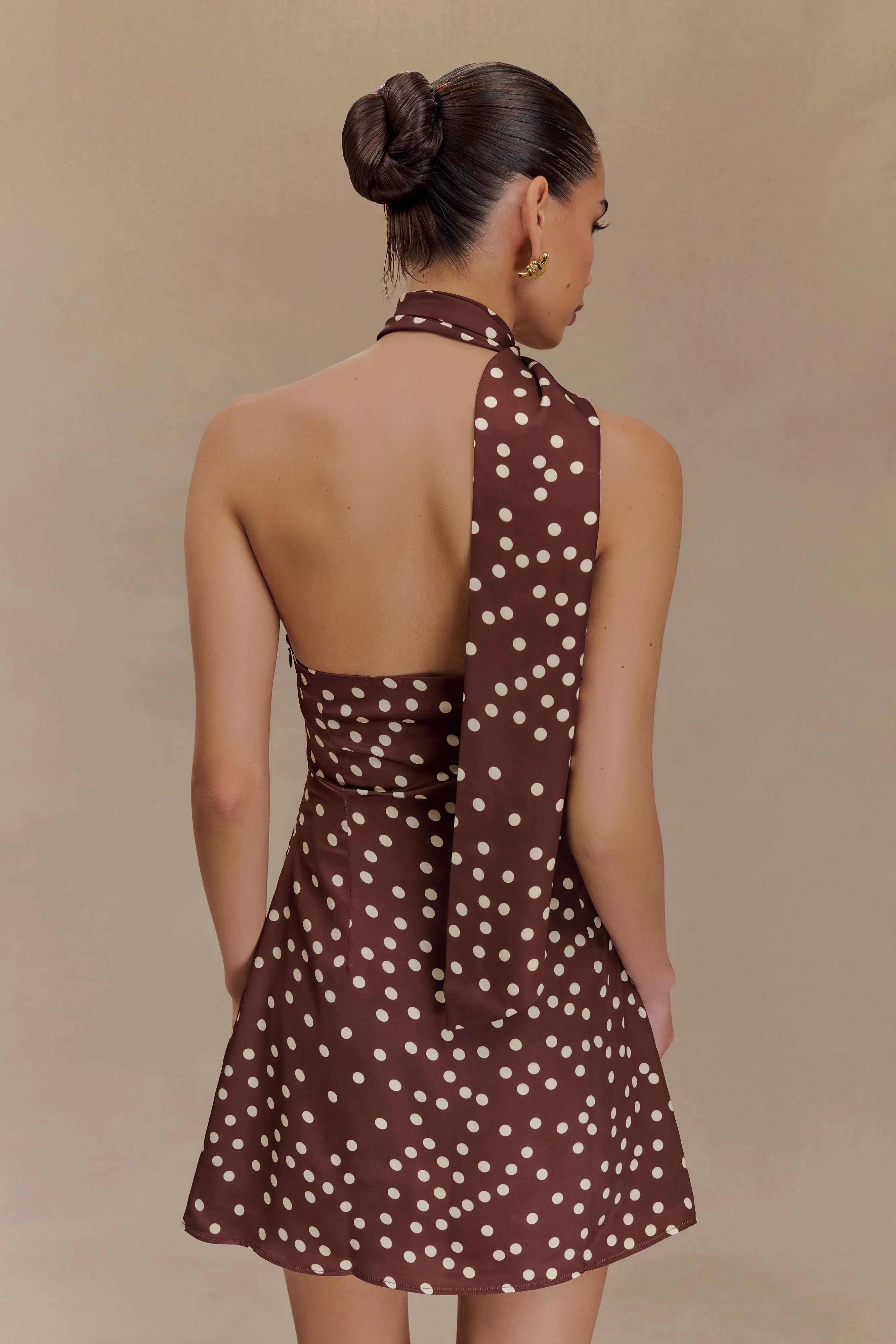 Joan Satin Asymmetrical Mini Dress - Brown Polka Dot Print Smart and Elegant Midnight Mood