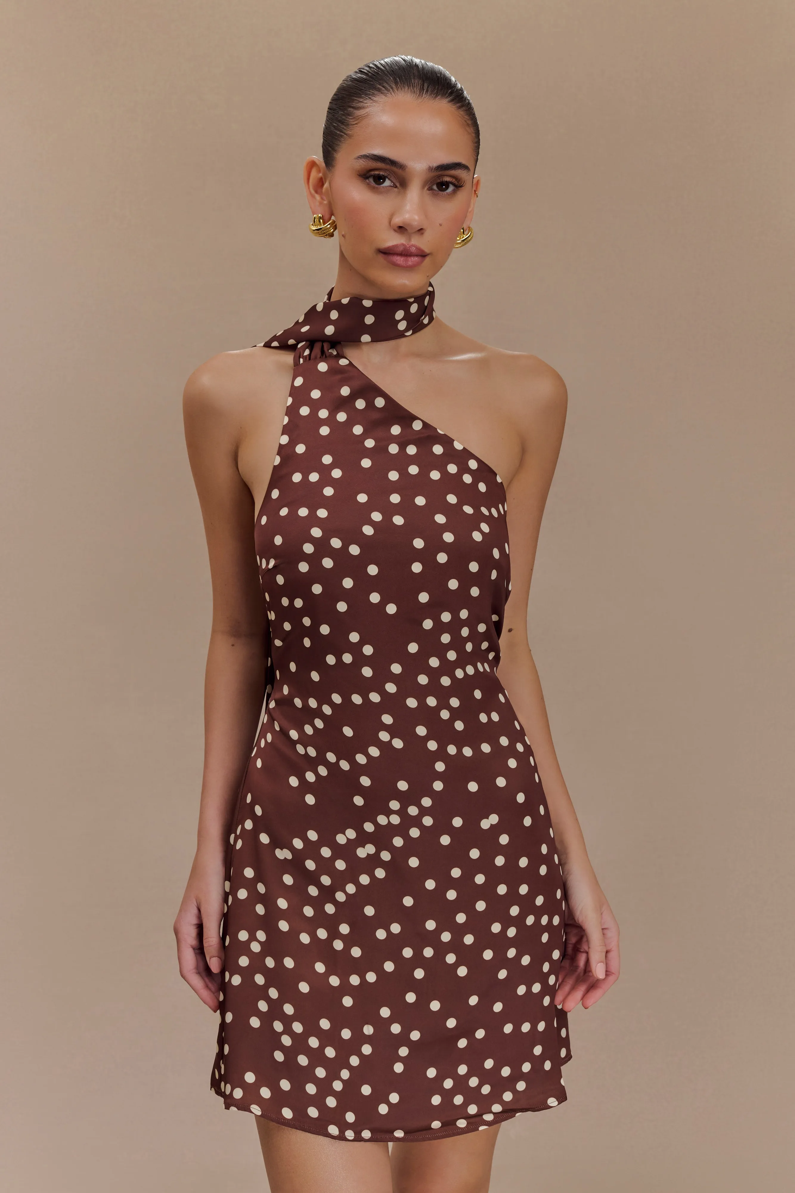 Sharp Look Joan Satin Asymmetrical Mini Dress - Brown Polka Dot Print