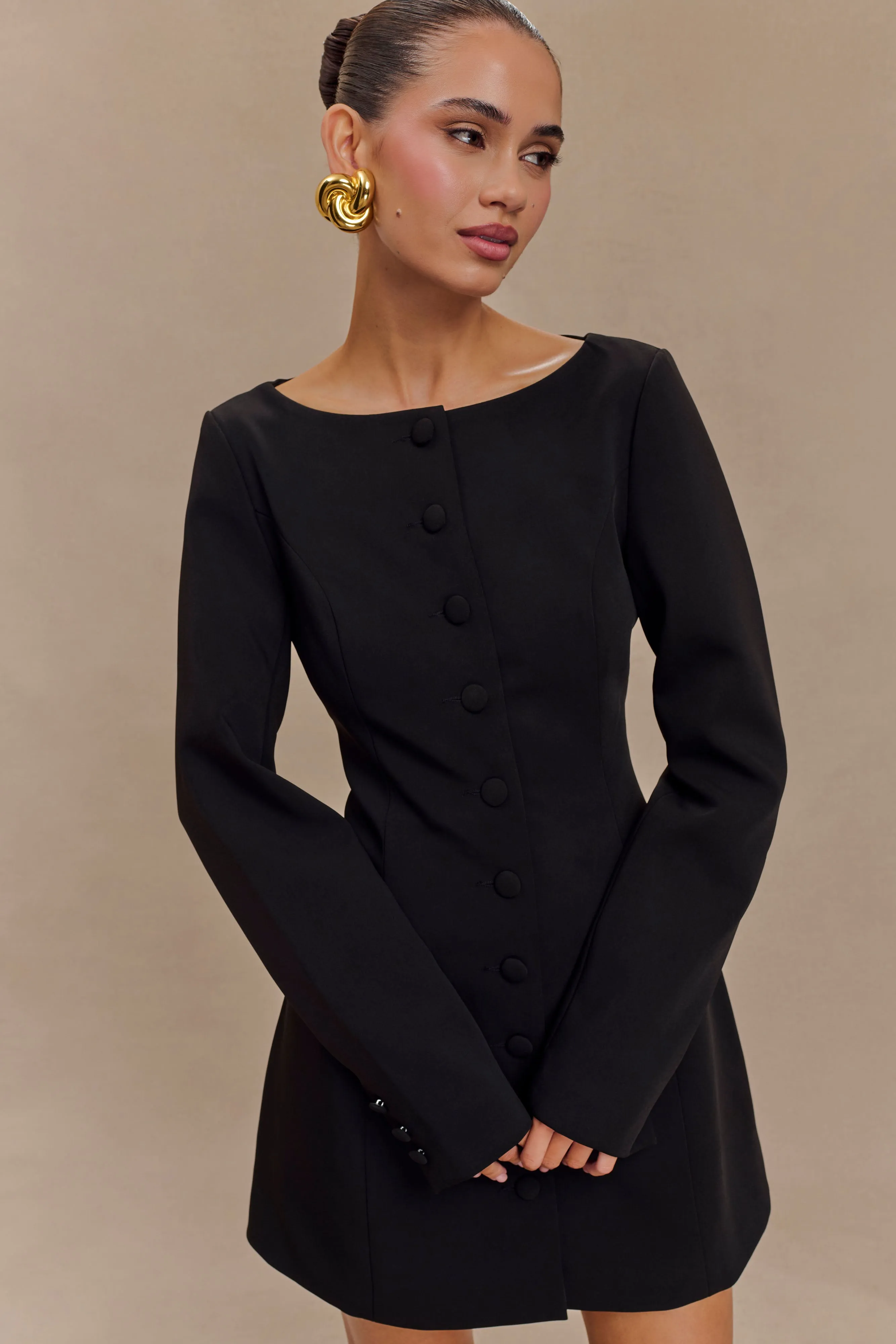 Chic Comfort knee-length Jolie Boat Neck Suiting Mini Dress - Black