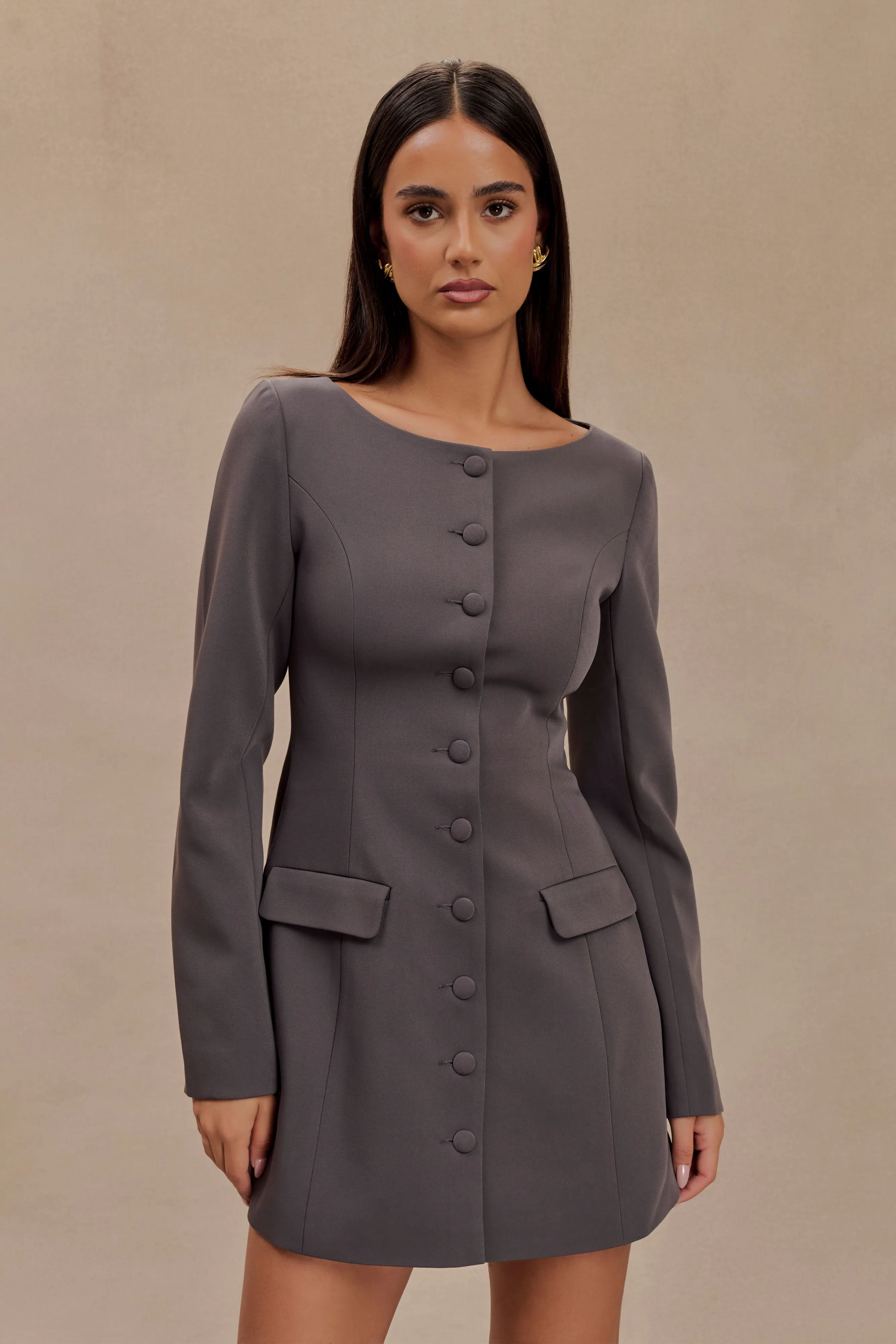 Evening Event Jolie Boat Neck Suiting Mini Dress - Charcoal Grey