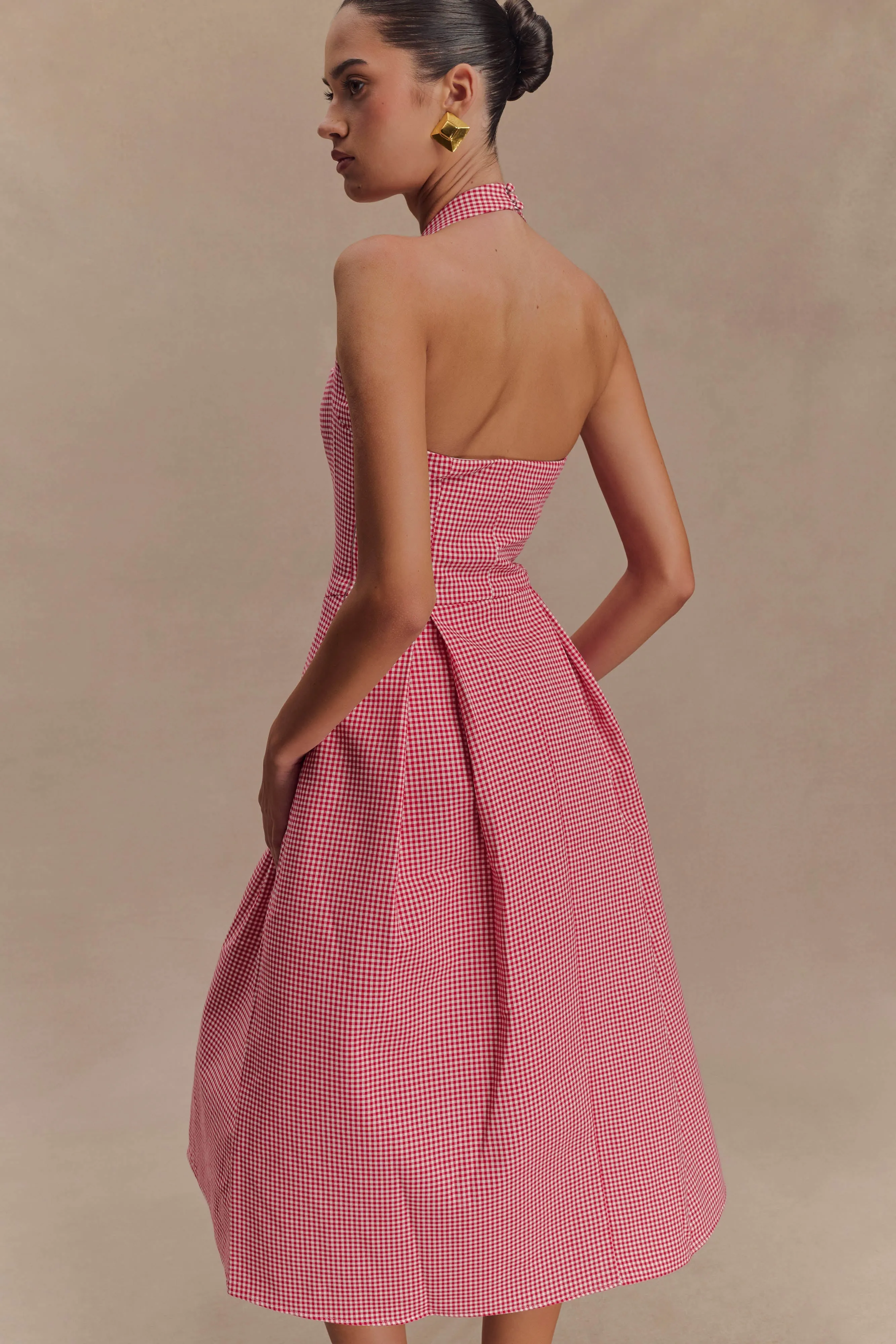 Comfy Fit Vibrant evening gown Juana Halter Midi Dress - Red Gingham