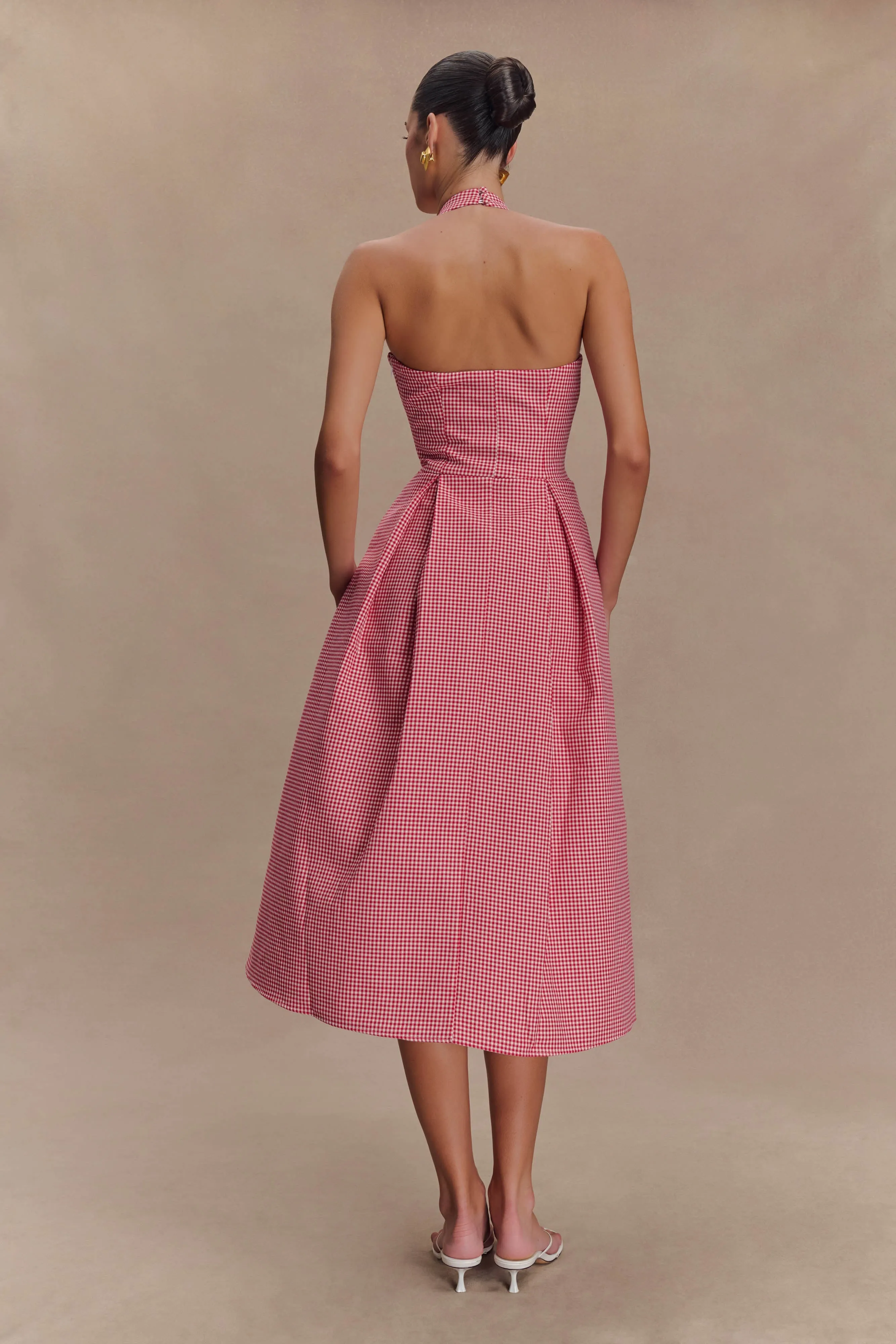 NoiseFreeFabric button detail Juana Halter Midi Dress - Red Gingham