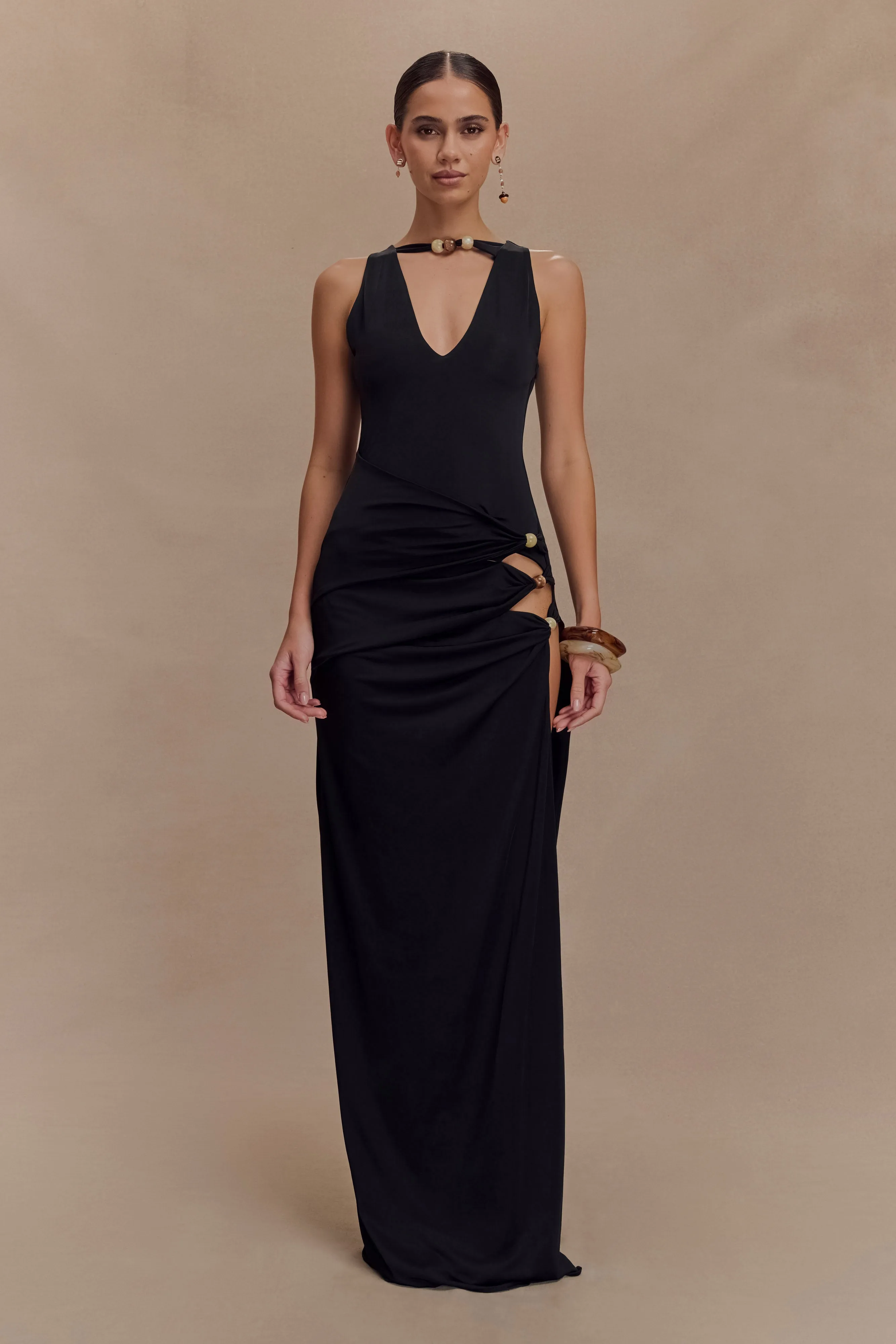 Flattering Layer Satin Finish Kaiden Slinky Beaded Maxi Dress - Black