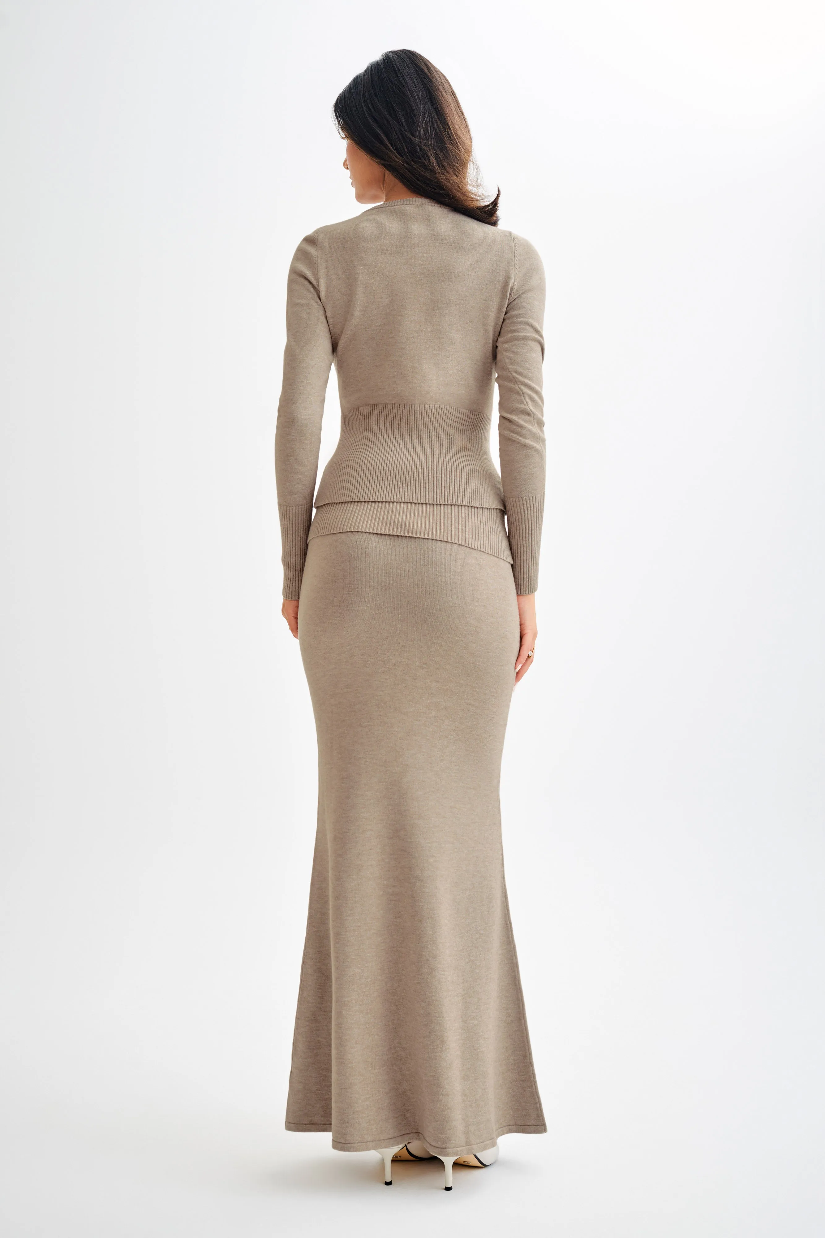 Karlie Knit Maxi Skirt With Ribbed Waist - Taupe Marle Minimal Stretch Fit