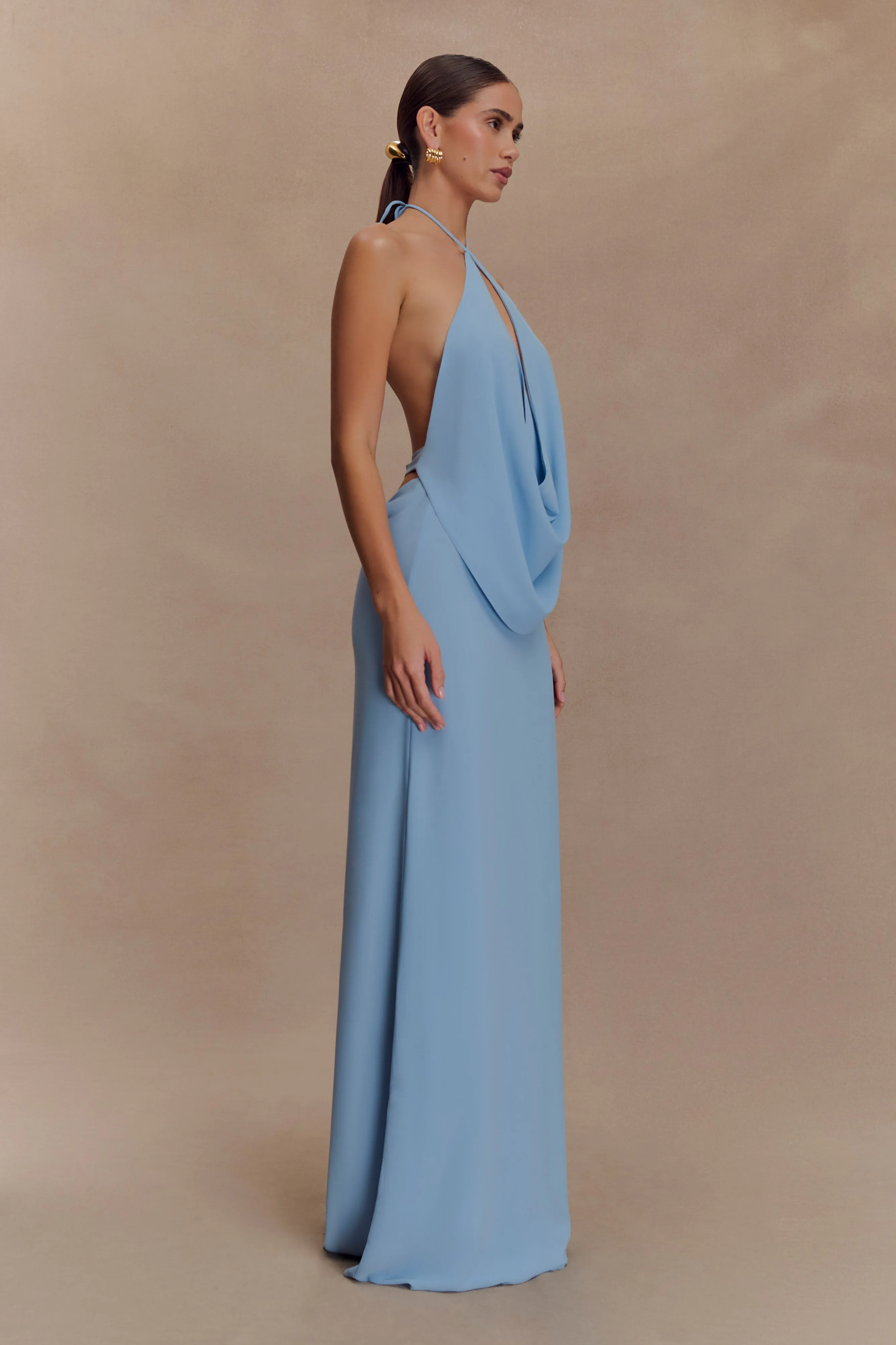 Katalina Chiffon Cowl Halter Top - Sky Blue Flexible Material