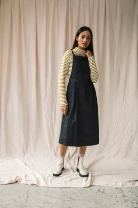 Statement-Print Sage Glow Katana-Leigh Organic Cotton Denim Pinafore Dress in Black