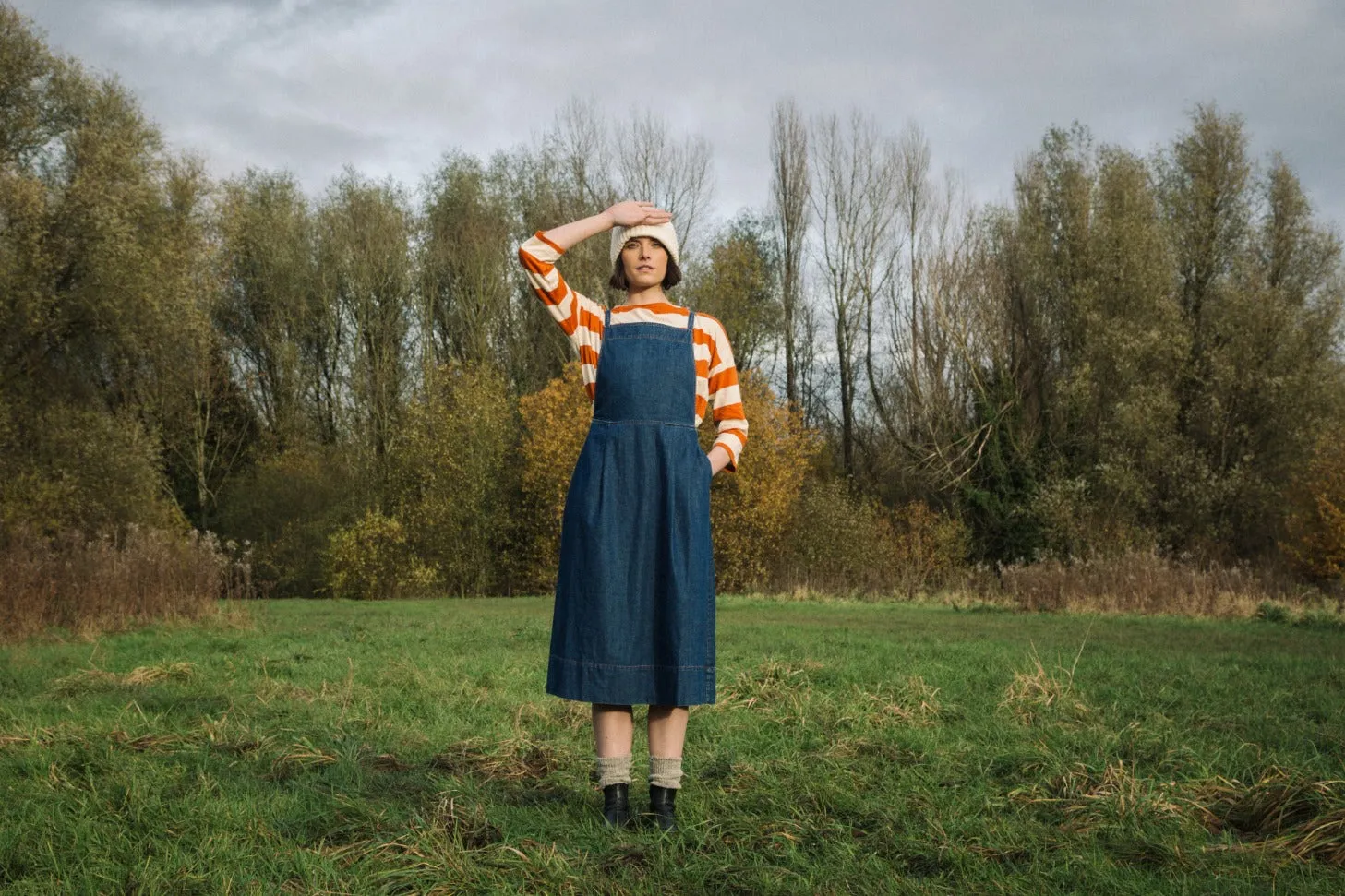 Katana-Leigh Organic Cotton Denim Pinafore Dress in Mid Blue Cozy Drape