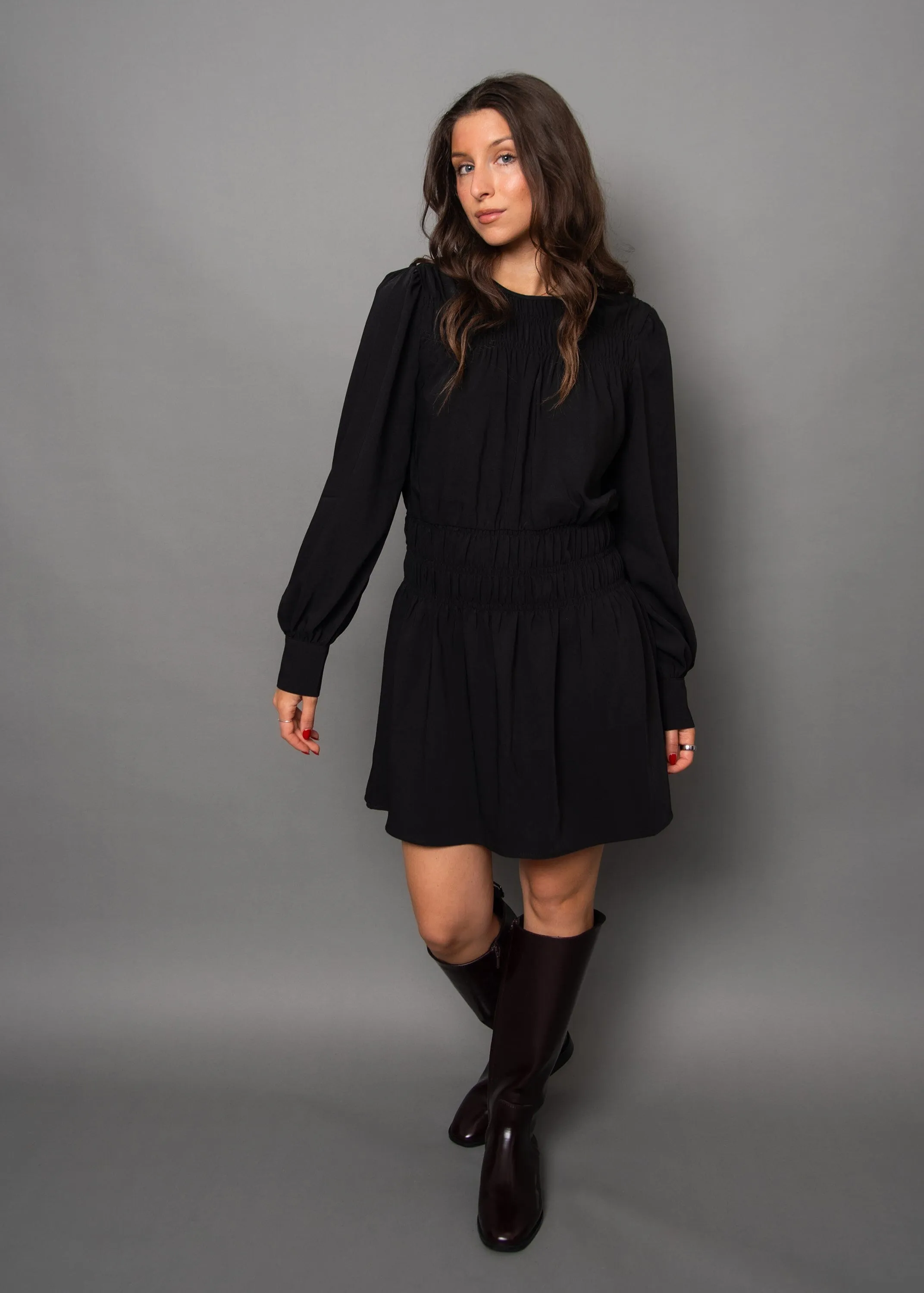 BLACK SHIRRED MINI DRESS Stylish Look