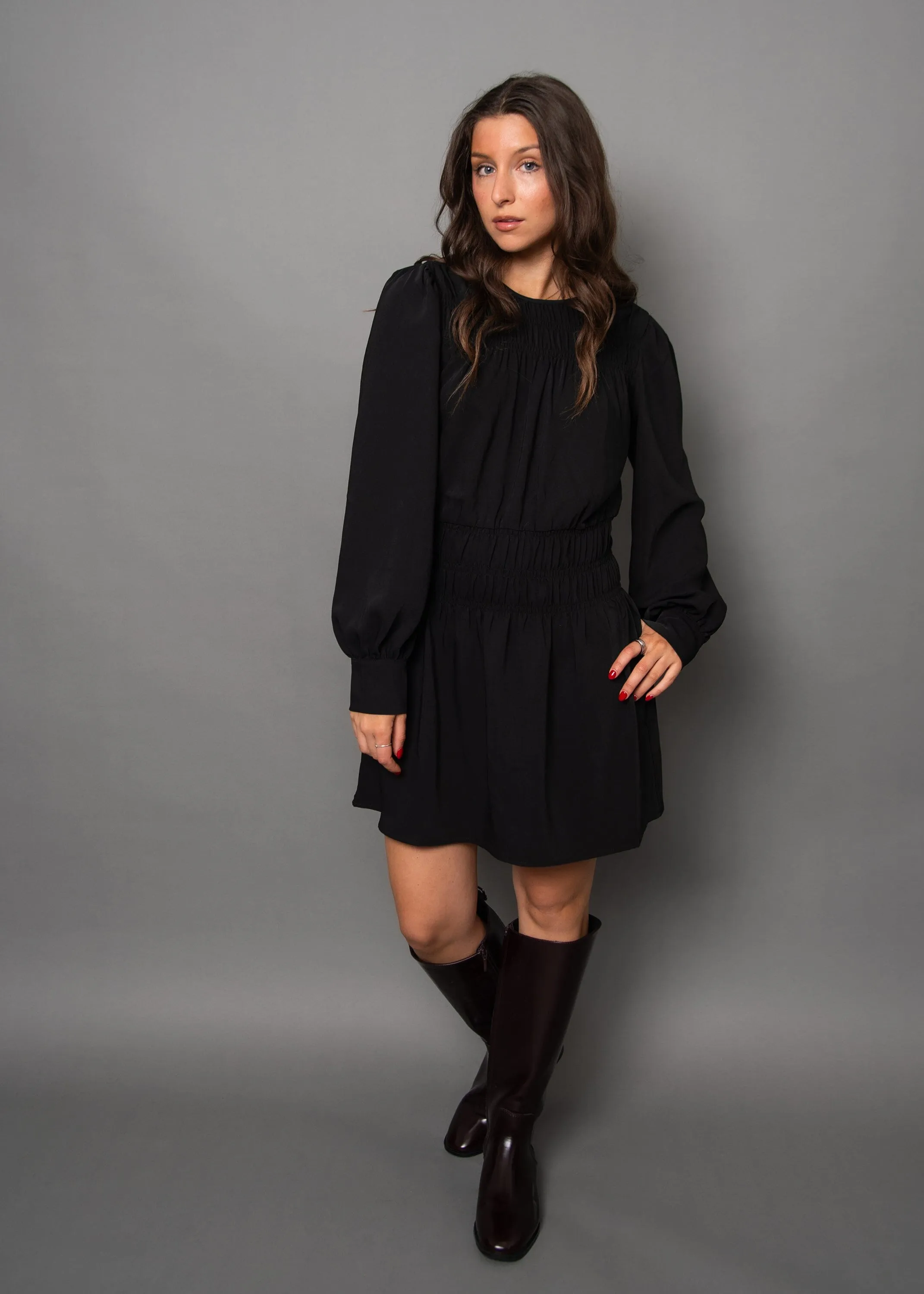 BLACK SHIRRED MINI DRESS Unique Cut Summer Staple