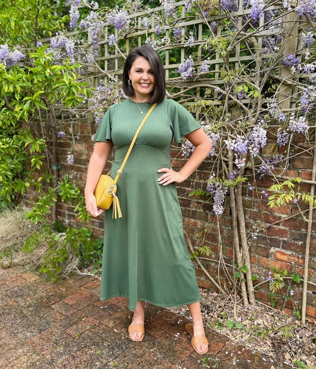 Elegant Piece Satin-Sleeve Khaki Ribbed Midi Dress
