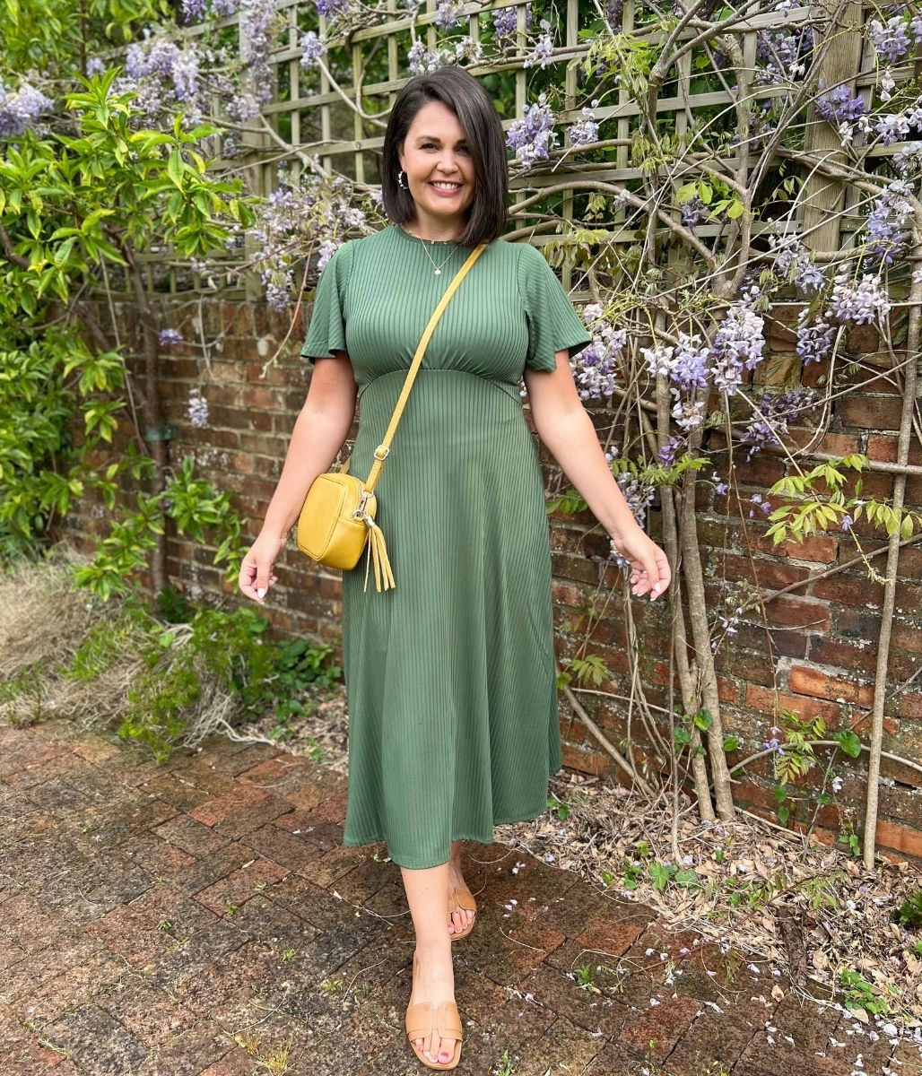 Khaki Ribbed Midi Dress Understated Elegance Sleeve Light