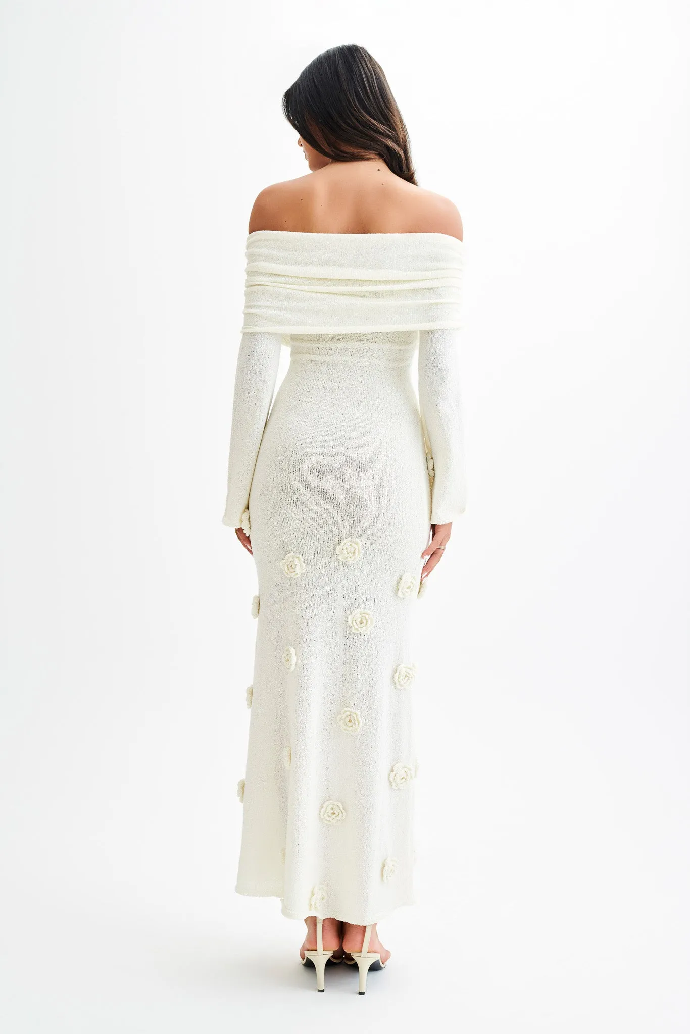 Kiki Off Shoulder Knit Rose Maxi Dress - Ivory Patterned-Fabric Fall Style
