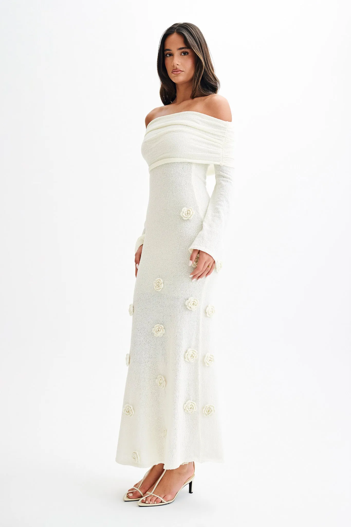 Kind Glow Kiki Off Shoulder Knit Rose Maxi Dress - Ivory