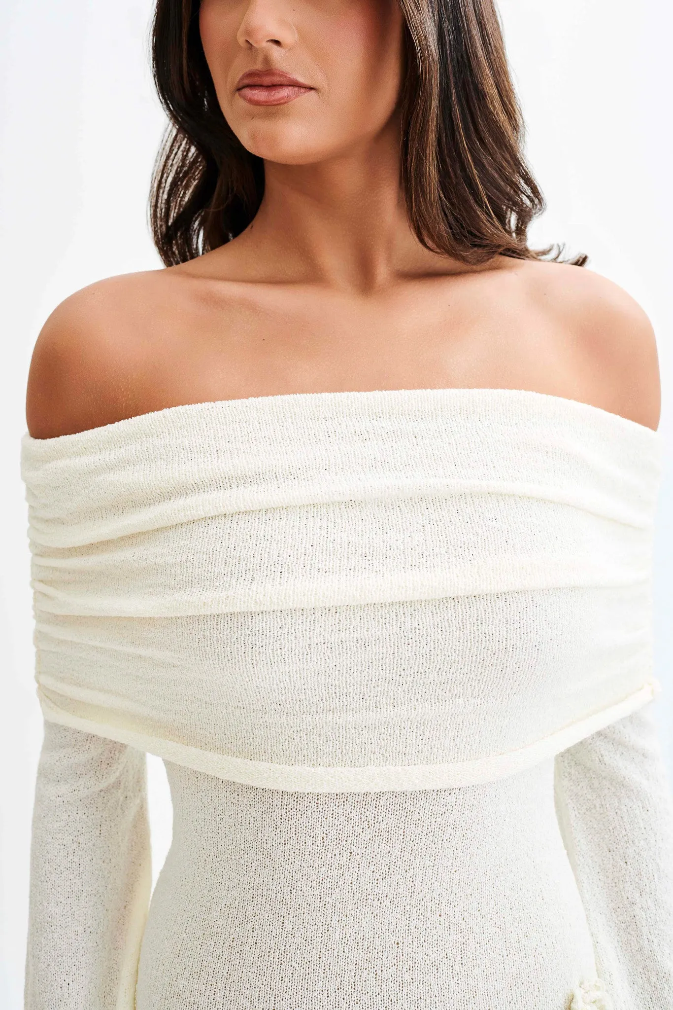 Autumn Look Kiki Off Shoulder Knit Rose Maxi Dress - Ivory