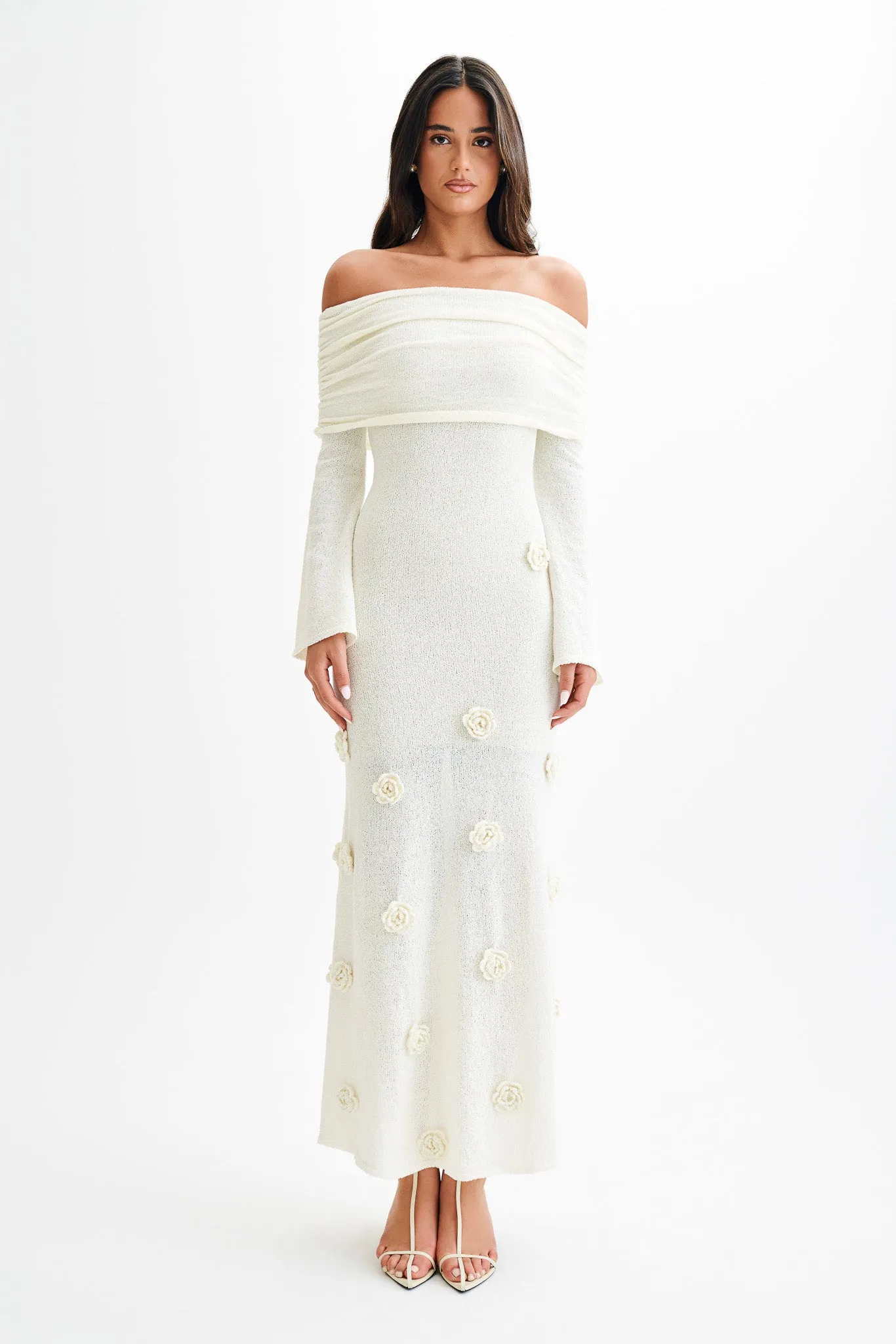 Garden Scene Kiki Off Shoulder Knit Rose Maxi Dress - Ivory
