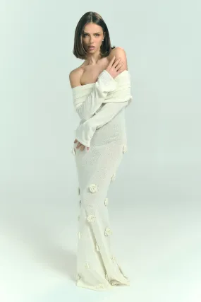 Kiki Off Shoulder Knit Rose Maxi Dress - Ivory Silky Movement